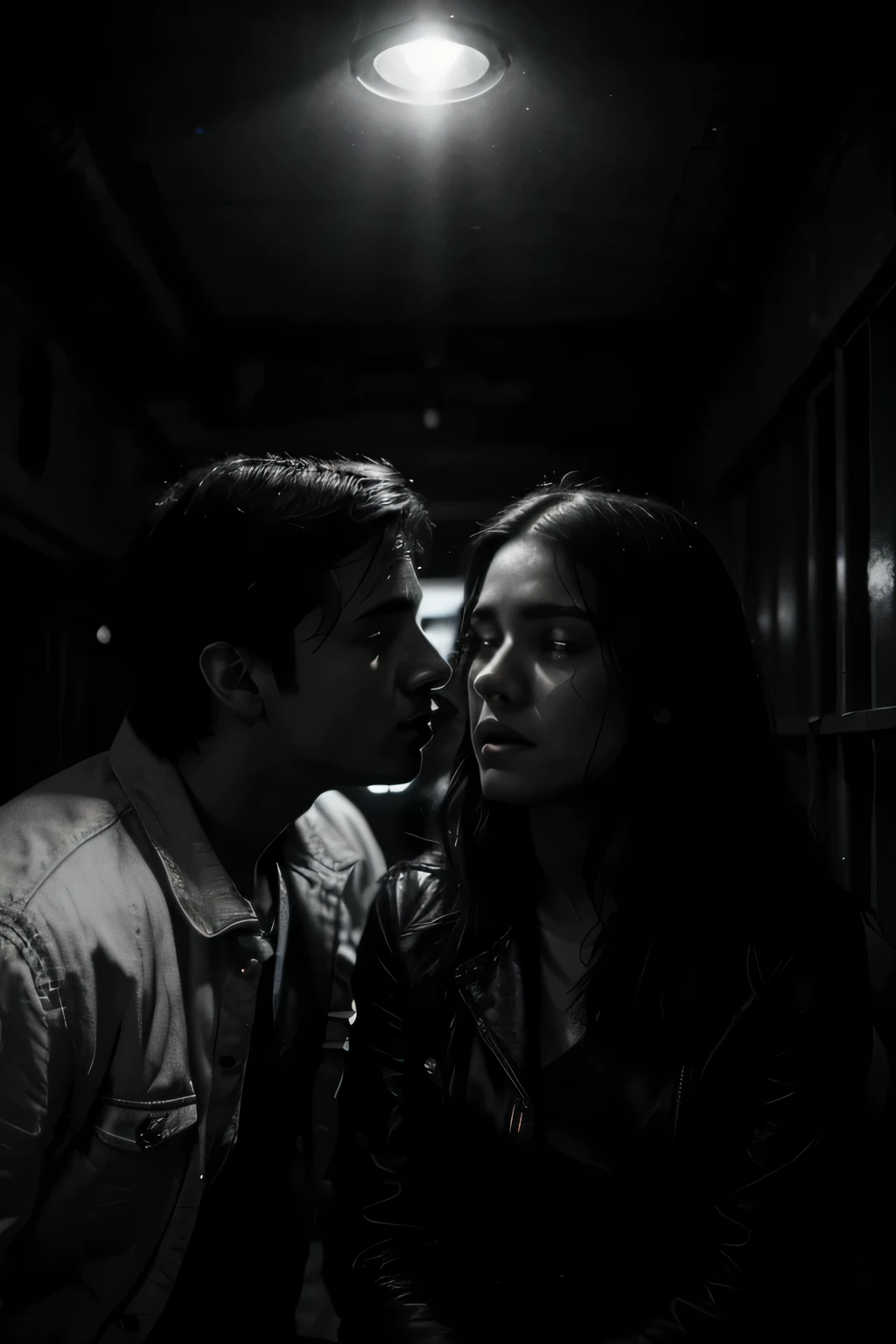 A dramatic black and white photograph of a young couple, both around 25 years old, passionately arguing inside their car parked in a dimly lit alley. The man's face is contorted with frustration, while the woman has tears in her eyes. The red glow of the car's interior light casts shadows on their faces, adding a sense of tension to the scene. The streetlights in the alley barely illuminate the surroundings, making the evening seem gloomy and desolate.