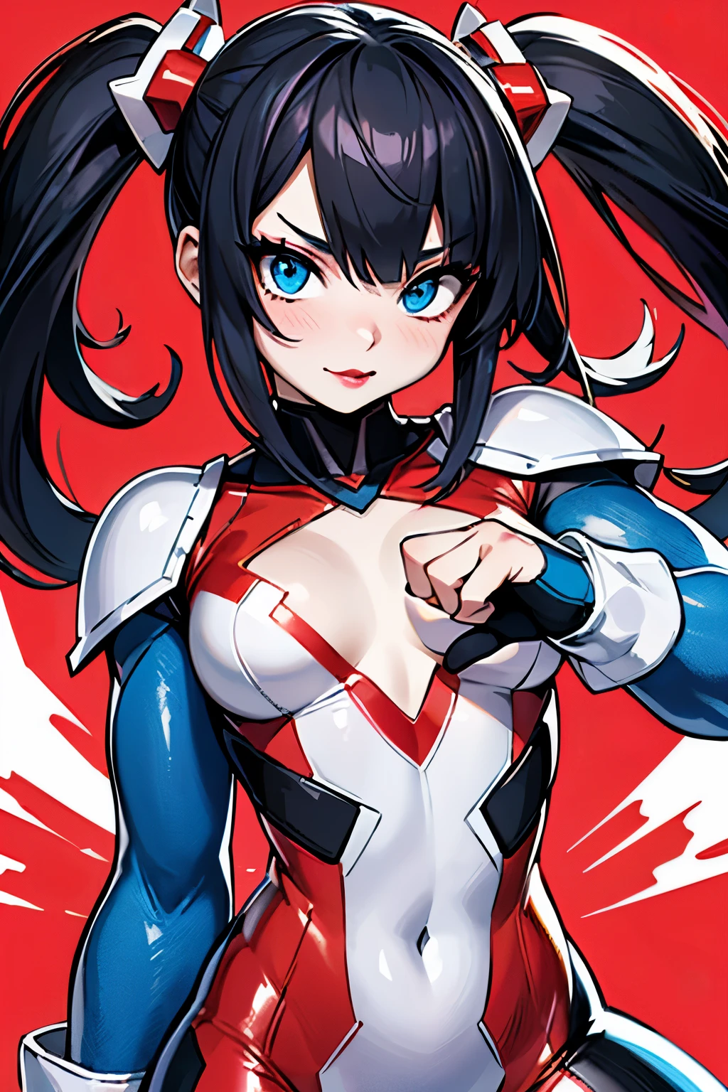 A girl wearing a Japanese Ultraman costume, black hair with twin tails, eye shadow, blue eyes, pink lipstick, blush, gentle face, silver and red patterns, red color timer, fighting stance, mid-chest, ))), (no mask costume required on the face),