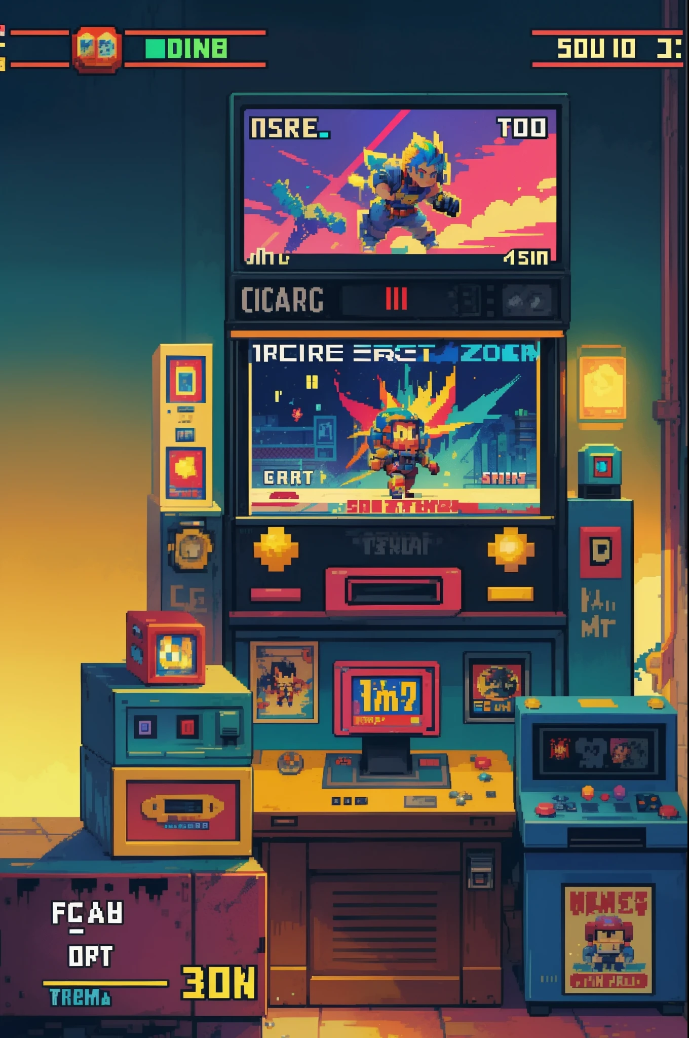 retro game, 8-bit graphics, classic pixel art, vintage video game vibes, HDR color palette, nostalgic soundtrack, old-school arcade joystick, arcade cabinet, animated pixel characters, game over screen with pixelated text, high score leaderboard, platformer level design, pixelated clouds in the background, detailed character animations, vibrant neon colors, side-scrolling gameplay, 2D platforming challenges, classic power-ups and upgrades, collectible coins and bonuses, explosive pixel art effects ,retro game controller design, warp pipes and secret levels, retro game console with cartridge, label drawn by hand, classic game mechanics, running and jumping, retro-themed UI and menus, enemy creatures with unique behaviors, retro game inspired fonts, gameplay hints for players, different game worlds to explore, endless gameplay replayability, high contrast, intricate details, volumetric lighting , (dynamic composition:1.2), highly detailed, colorful details, ( iridescent colors:1.2), (glowing lighting, atmospheric lighting), dreamy, magical, (solo), lens flare, (colorful:1.0), Cinematic light, high-res, sharp focus, smooth, colorful light, particles, (rainbow colors schemes), 