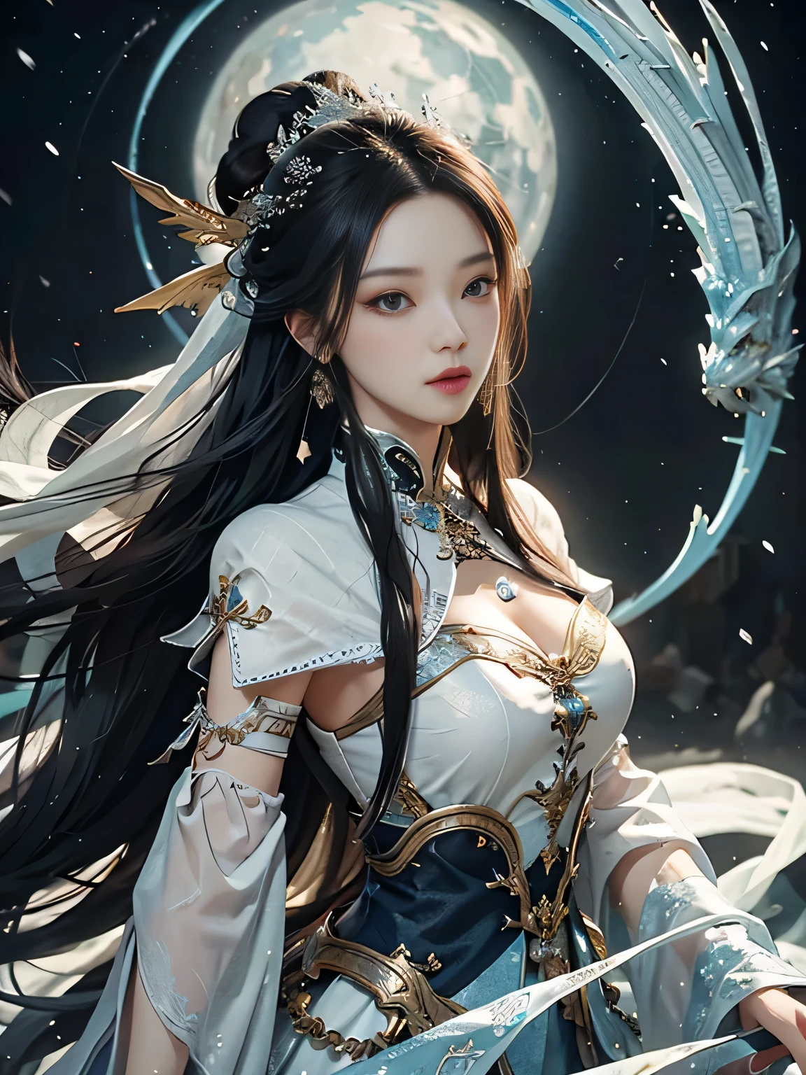 Close-up of a woman with straight black hair in a silver-blue sexy dress, Cheng Weipan Art Station, Xiuxian Technology Sense, Ice and Snow Beauty, Gauze Sleeves, Detailed Fantasy Art, Stunning Character Art, Epic Exquisite Character Art, Beautiful Complex Armor, Machinery, Extremely Detailed Art Budding, Detailed Digital Animation Art, Artgerm on Art Station Pixiv, Armor Girl, Heavy and Exquisite Complicated Headdresses and Jewelry, Noble High-Tech Sense, True God Sense of Déjà Vu,white long hair, sexy armor,see thought outfit add, (4/5 body shot)), china fantasy godness