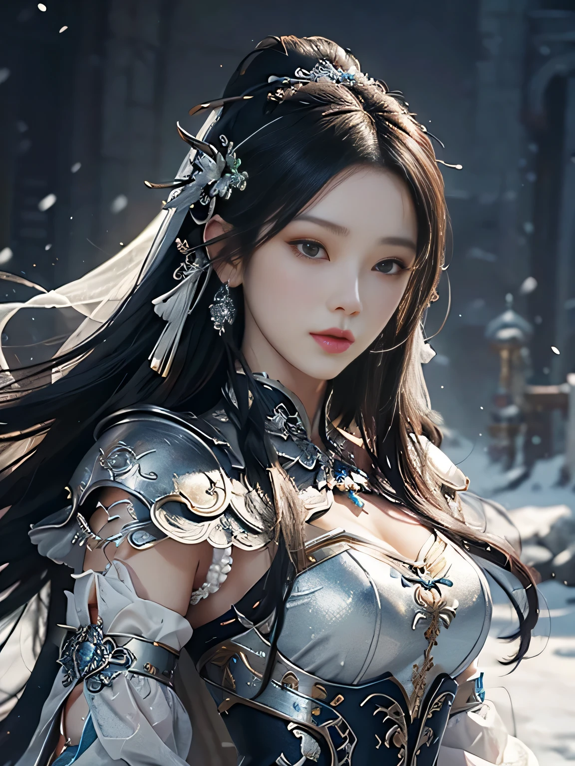 Close-up of a woman with straight black hair in a silver-blue sexy dress, Cheng Weipan Art Station, Xiuxian Technology Sense, Ice and Snow Beauty, Gauze Sleeves, Detailed Fantasy Art, Stunning Character Art, Epic Exquisite Character Art, Beautiful Complex Armor, Machinery, Extremely Detailed Art Budding, Detailed Digital Animation Art, Artgerm on Art Station Pixiv, Armor Girl, Heavy and Exquisite Complicated Headdresses and Jewelry, Noble High-Tech Sense, True God Sense of Déjà Vu,white long hair, sexy armor,see thought outfit add, (4/5 body shot)), china fantasy godness