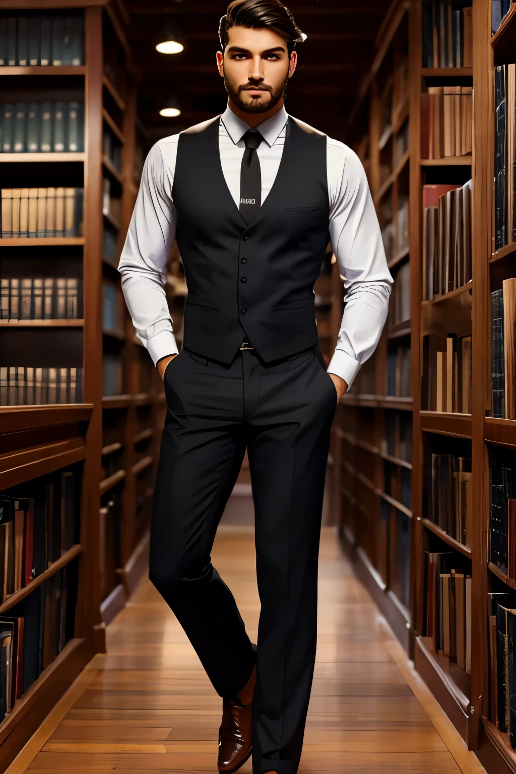 Hombre maravilloso, strong physique, camisa color negro, pantalones largos blancos, zapatos sociales color negro, cabello negro, Pelo lacio, ojos de color verdes, apariencia esbelta, elegante, paisaje de la biblioteca, Brown tie, mirada seria, man about 26 years old but does NOT have a beard.