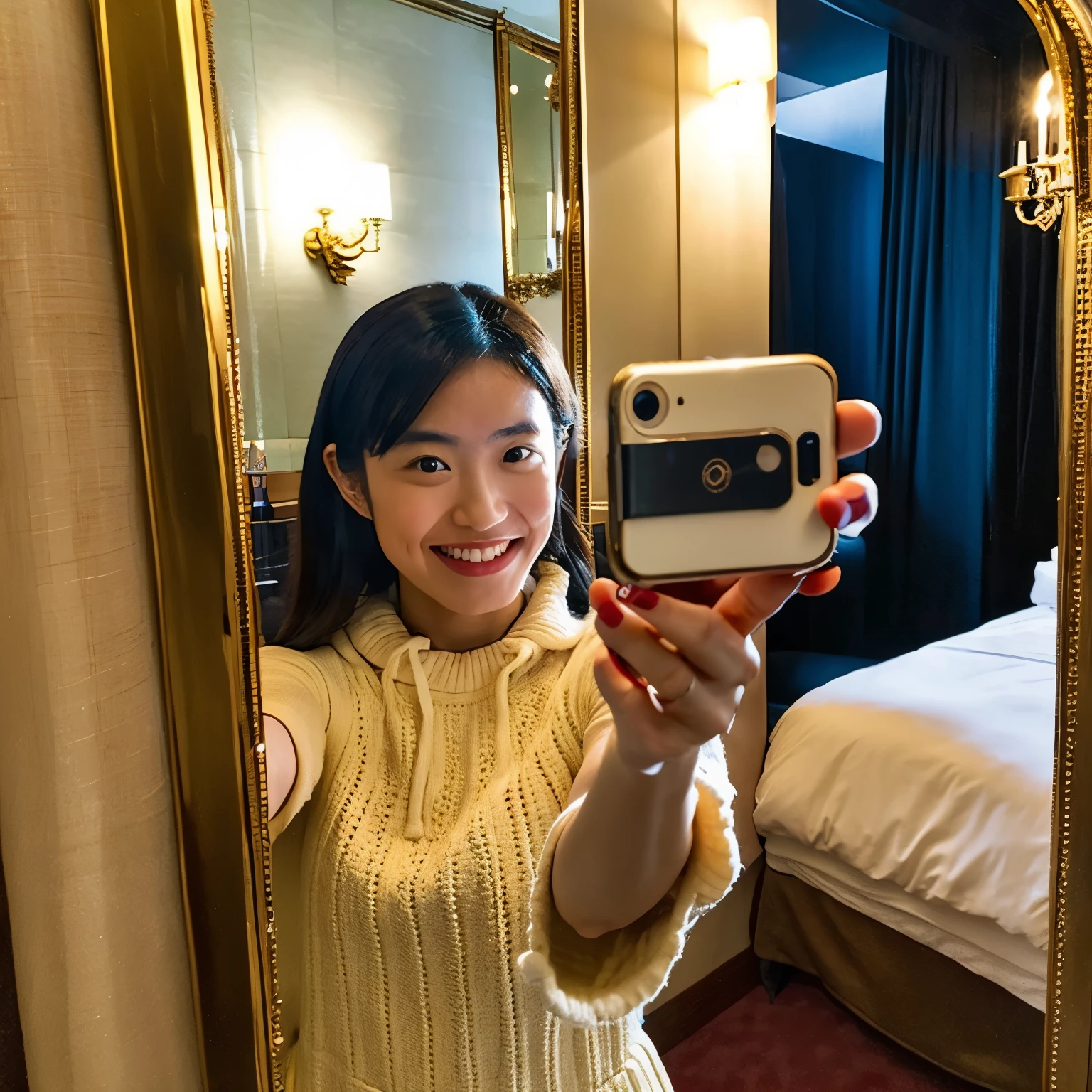 Best Quality, 1 beautiful Japanese woman, standing in front of a full-length mirror taking a (selfie:1.5), making a playful pose with one foot raised and a cheeky grin, at a luxury europe hotel