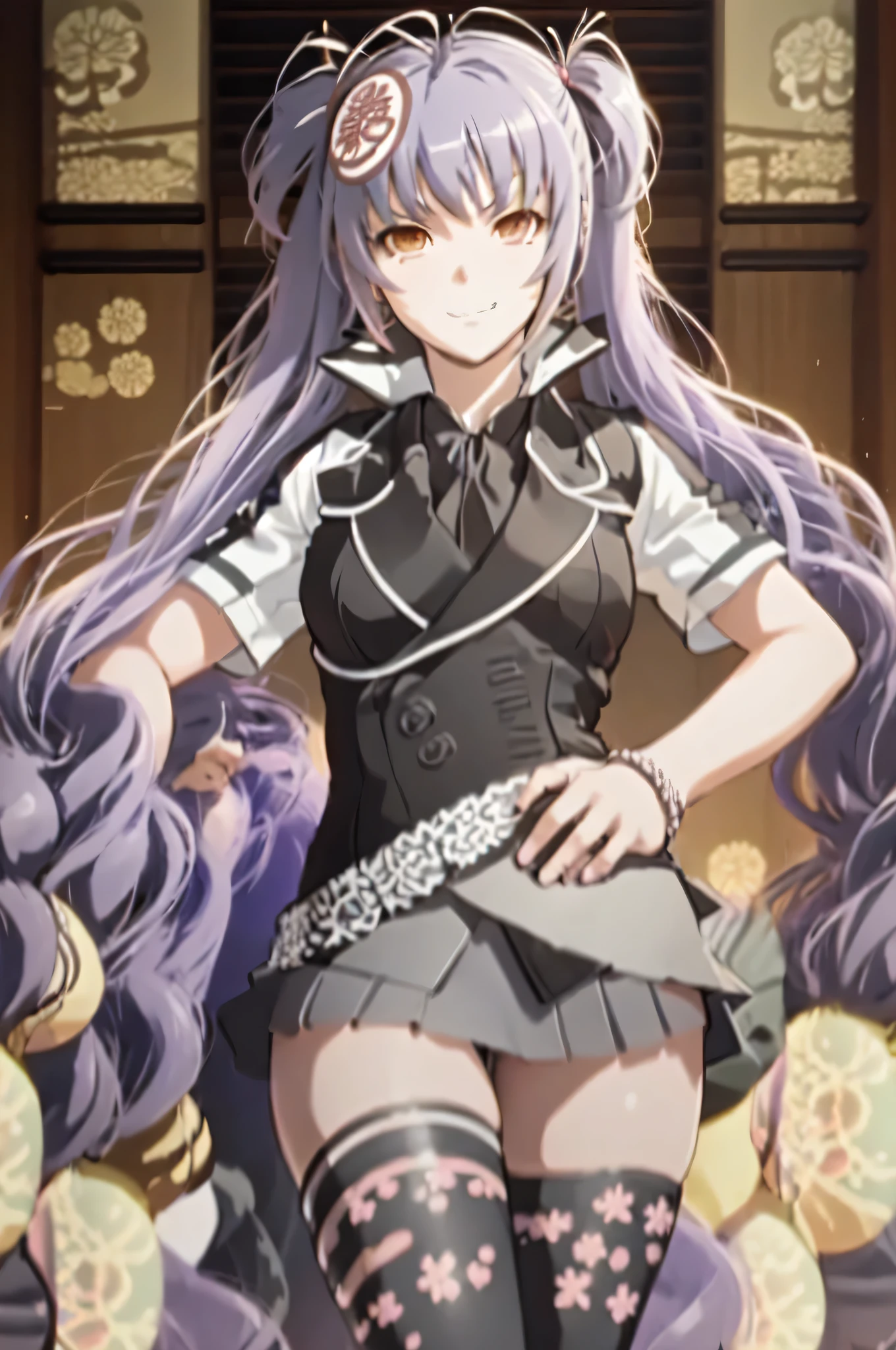 masterpiece, best quality, naoe kanetsugu, twintails, hair ornament, purple hair, collared shirt, waist rope, black miniskirt, red necktie, black thighhighs, upper body, looking at viewer, smirk, furrowed brow, closed mouth, japanese architecture, city
