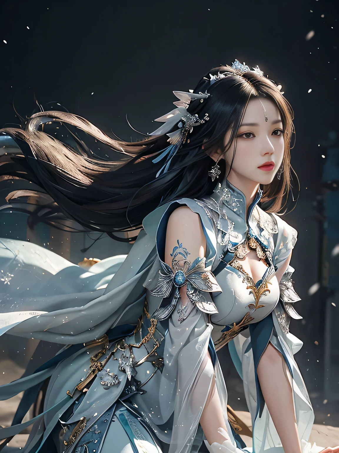 Close-up of a woman with straight black hair in a silver-blue sexy dress, Cheng Weipan Art Station, Xiuxian Technology Sense, Ice and Snow Beauty, Gauze Sleeves, Detailed Fantasy Art, Stunning Character Art, Epic Exquisite Character Art, Beautiful Complex Armor, Machinery, Extremely Detailed Art Budding, Detailed Digital Animation Art, Artgerm on Art Station Pixiv, Armor Girl, Heavy and Exquisite Complicated Headdresses and Jewelry, Noble High-Tech Sense, True God Sense of Déjà Vu,white long hair, sexy armor,see thought outfit add, full body shot, china fantasy godness