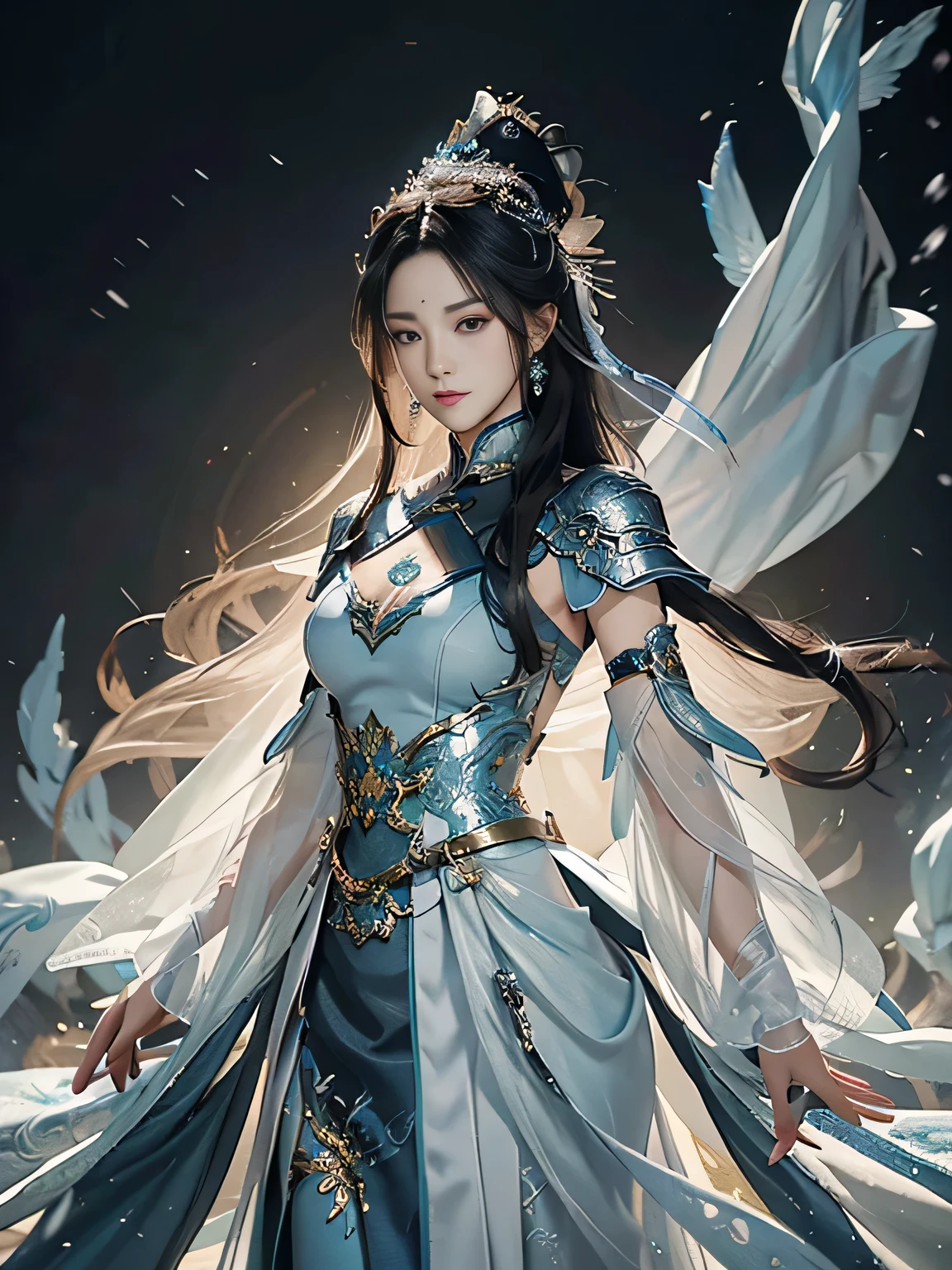Close-up of a woman with straight black hair in a silver-blue sexy dress, Cheng Weipan Art Station, Xiuxian Technology Sense, Ice and Snow Beauty, Gauze Sleeves, Detailed Fantasy Art, Stunning Character Art, Epic Exquisite Character Art, Beautiful Complex Armor, Machinery, Extremely Detailed Art Budding, Detailed Digital Animation Art, Artgerm on Art Station Pixiv, Armor Girl, Heavy and Exquisite Complicated Headdresses and Jewelry, Noble High-Tech Sense, True God Sense of Déjà Vu,white long hair, sexy armor,see thought outfit add, full body shot, china fantasy godness