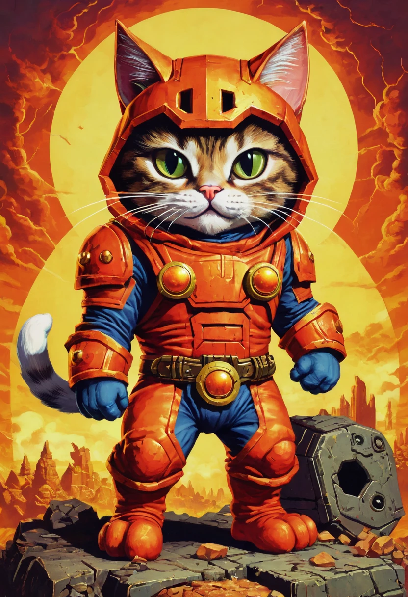 a cat on super doom costume, retro game, detailed