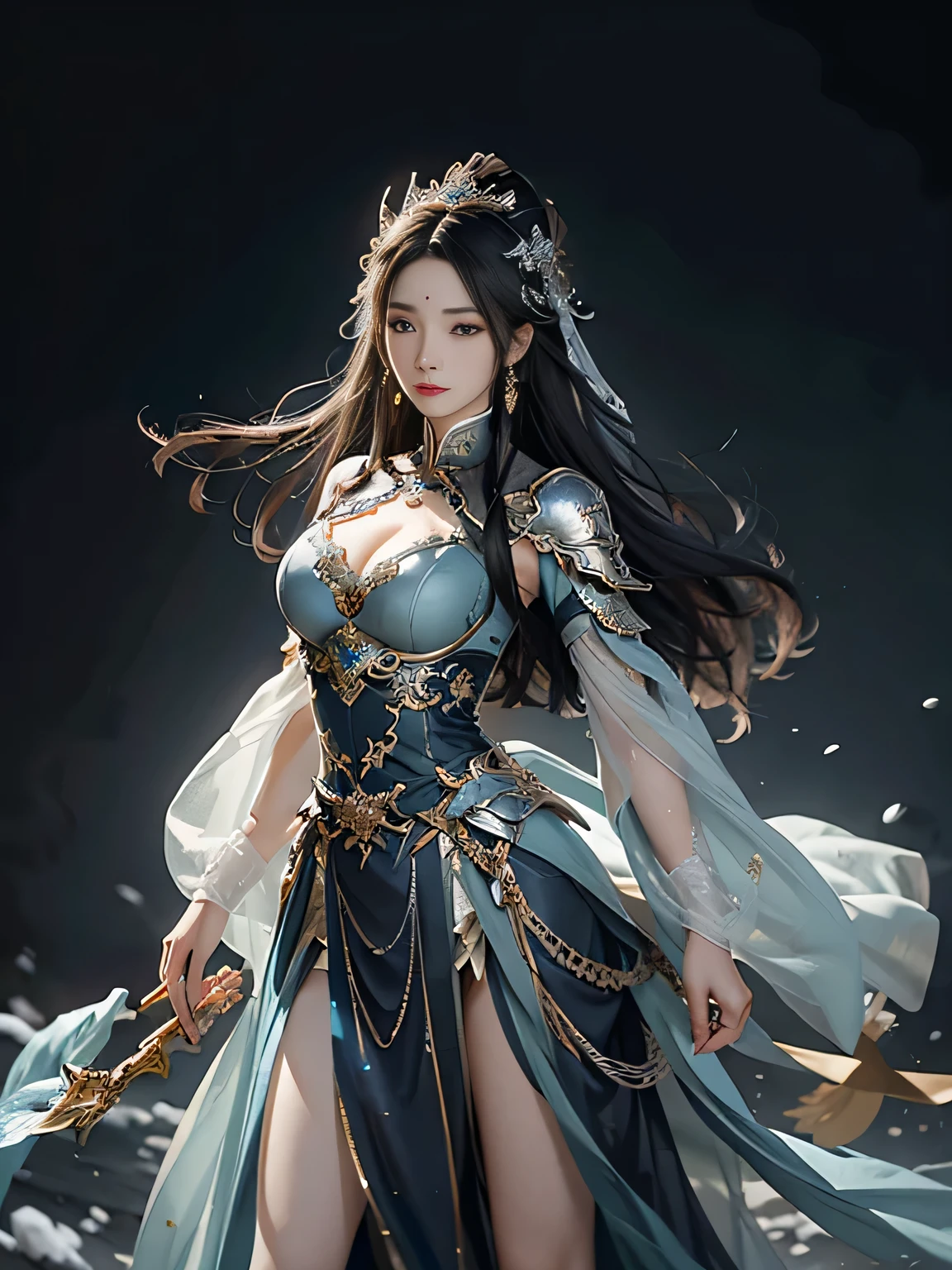 Close-up of a woman with straight black hair in a silver-blue sexy dress, Cheng Weipan Art Station, Xiuxian Technology Sense, Ice and Snow Beauty, Gauze Sleeves, Detailed Fantasy Art, Stunning Character Art, Epic Exquisite Character Art, Beautiful Complex Armor, Machinery, Extremely Detailed Art Budding, Detailed Digital Animation Art, Artgerm on Art Station Pixiv, Armor Girl, Heavy and Exquisite Complicated Headdresses and Jewelry, Noble High-Tech Sense, True God Sense of Déjà Vu,white long hair, sexy armor,see thought outfit add, full body shot, china fantasy godness