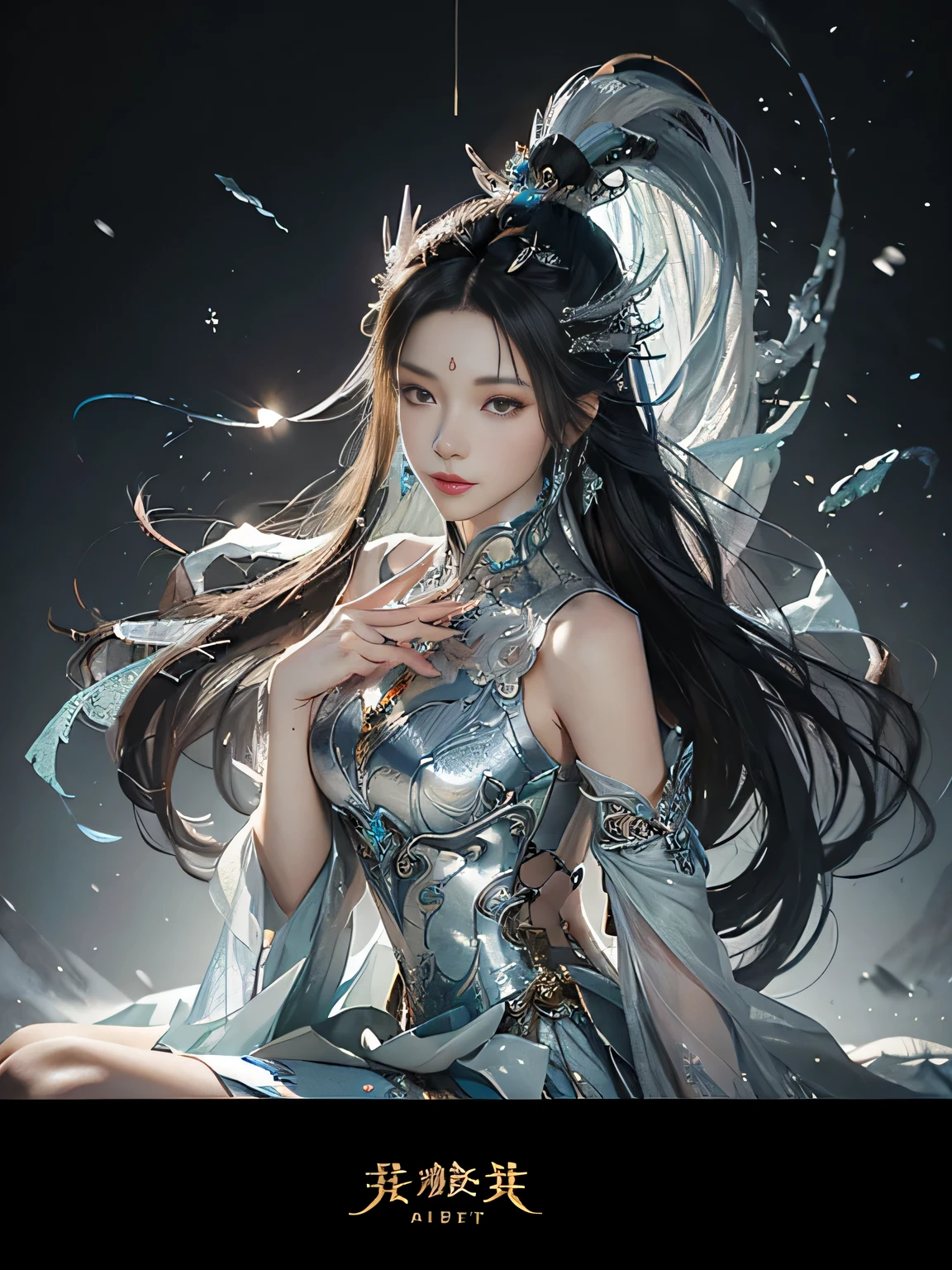 Close-up of a woman with straight black hair in a silver-blue sexy dress, Cheng Weipan Art Station, Xiuxian Technology Sense, Ice and Snow Beauty, Gauze Sleeves, Detailed Fantasy Art, Stunning Character Art, Epic Exquisite Character Art, Beautiful Complex Armor, Machinery, Extremely Detailed Art Budding, Detailed Digital Animation Art, Artgerm on Art Station Pixiv, Armor Girl, Heavy and Exquisite Complicated Headdresses and Jewelry, Noble High-Tech Sense, True God Sense of Déjà Vu,white long hair, sexy armor,see thought outfit add, full body shot, china fantasy godness