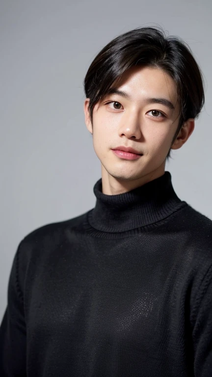 1boy,upper body,japanese man,((thick sweater)),turtle neck sweater,looking at camera,small smile,center part,black hair, black eyes,simple background,slim body,