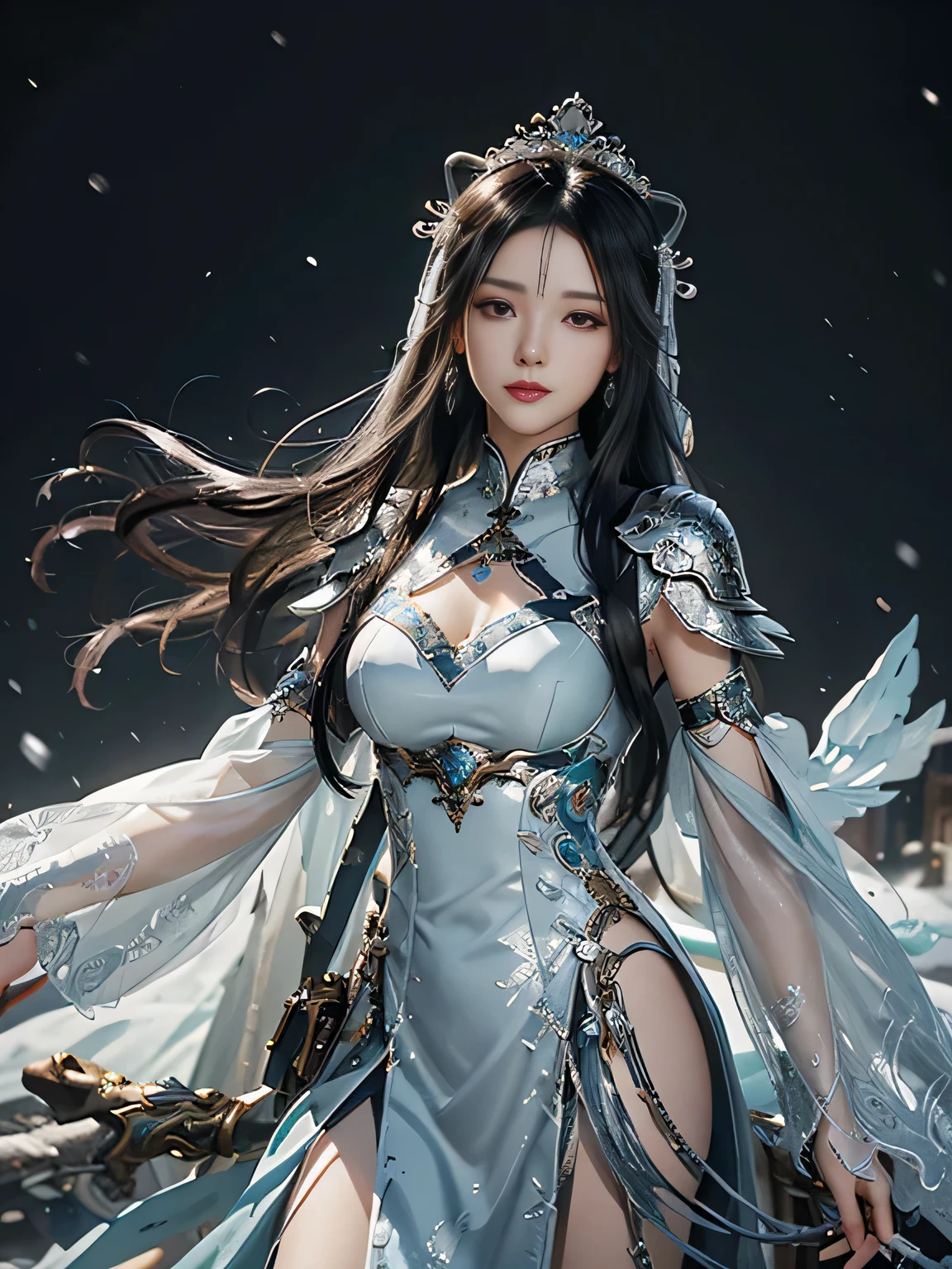 Photograph of a woman with straight black hair in a silver-blue sexy dress, Cheng Weipan Art Station, Xiuxian Technology Sense, Ice and Snow Beauty, Gauze Sleeves, Detailed Fantasy Art, Stunning Character Art, Epic Exquisite Character Art, Beautiful Complex Armor, Machinery, Extremely Detailed Art Budding, Detailed Digital Animation Art, Artgerm on Art Station Pixiv, Armor Girl,  Noble High-Tech Sense, True God Sense of Déjà Vu, white long hair, sexy armor, see thought outfit add, (3/4 body shot), china fantasy godness