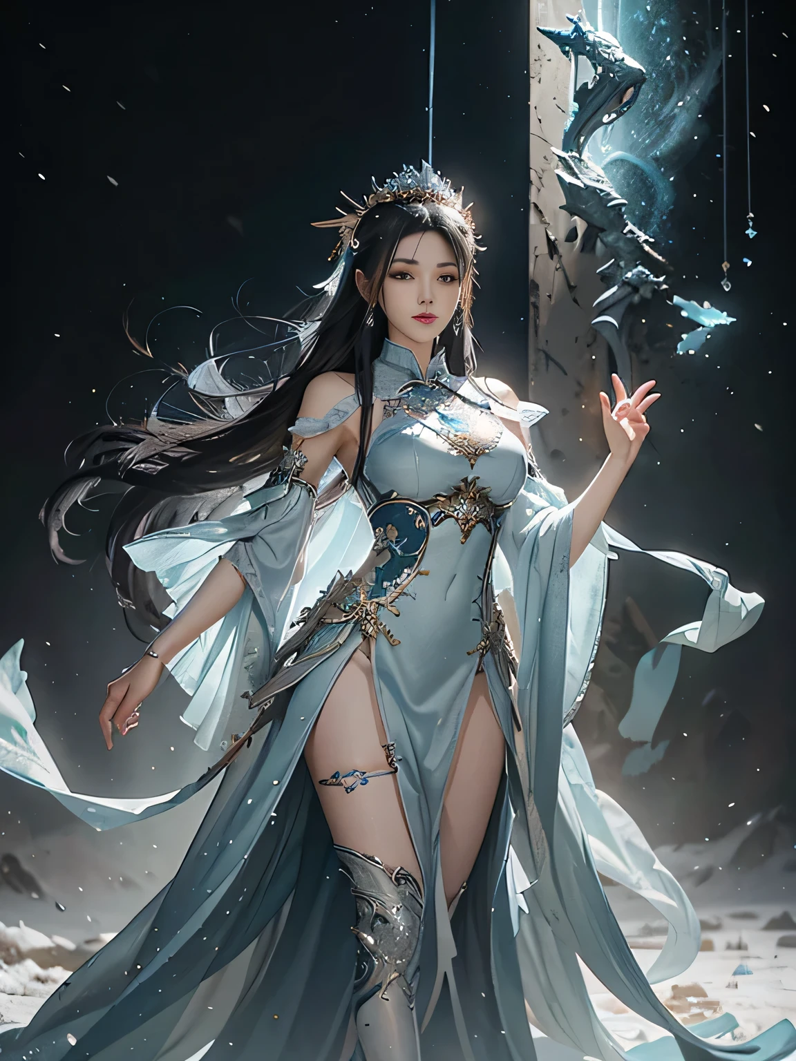 Close-up of a woman with straight black hair in a silver-blue sexy dress, Cheng Weipan Art Station, Xiuxian Technology Sense, Ice and Snow Beauty, Gauze Sleeves, Detailed Fantasy Art, Stunning Character Art, Epic Exquisite Character Art, Beautiful Complex Armor, Machinery, Extremely Detailed Art Budding, Detailed Digital Animation Art, Artgerm on Art Station Pixiv, Armor Girl, Heavy and Exquisite Complicated Headdresses and Jewelry, Noble High-Tech Sense, True God Sense of Déjà Vu,white long hair, sexy armor,see thought outfit add, full body shot, china fantasy godness