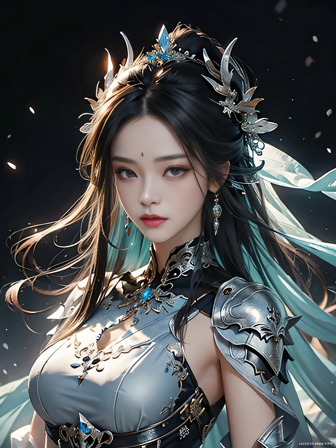 Close-up of a woman with straight black hair in a silver-blue sexy dress, Cheng Weipan Art Station, Xiuxian Technology Sense, Ice and Snow Beauty, Gauze Sleeves, Detailed Fantasy Art, Stunning Character Art, Epic Exquisite Character Art, Beautiful Complex Armor, Machinery, Extremely Detailed Art Budding, Detailed Digital Animation Art, Artgerm on Art Station Pixiv, Armor Girl, Heavy and Exquisite Complicated Headdresses and Jewelry, Noble High-Tech Sense, True God Sense of Déjà Vu,white long hair, sexy armor,see thought outfit add, full body shot, china fantasy godness