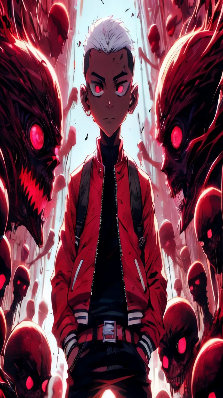 anime - style illustration of a boy in a red jacket surrounded by red and black zombies, badass anime 8 k, anime style 4 k, anime art wallpaper 8 k, anime art wallpaper 4 k, anime art wallpaper 4k, 4 k manga wallpaper, epic anime style, anime wallpaper 4 k, anime wallpaper 4k, 4k anime wallpaper, demon boy