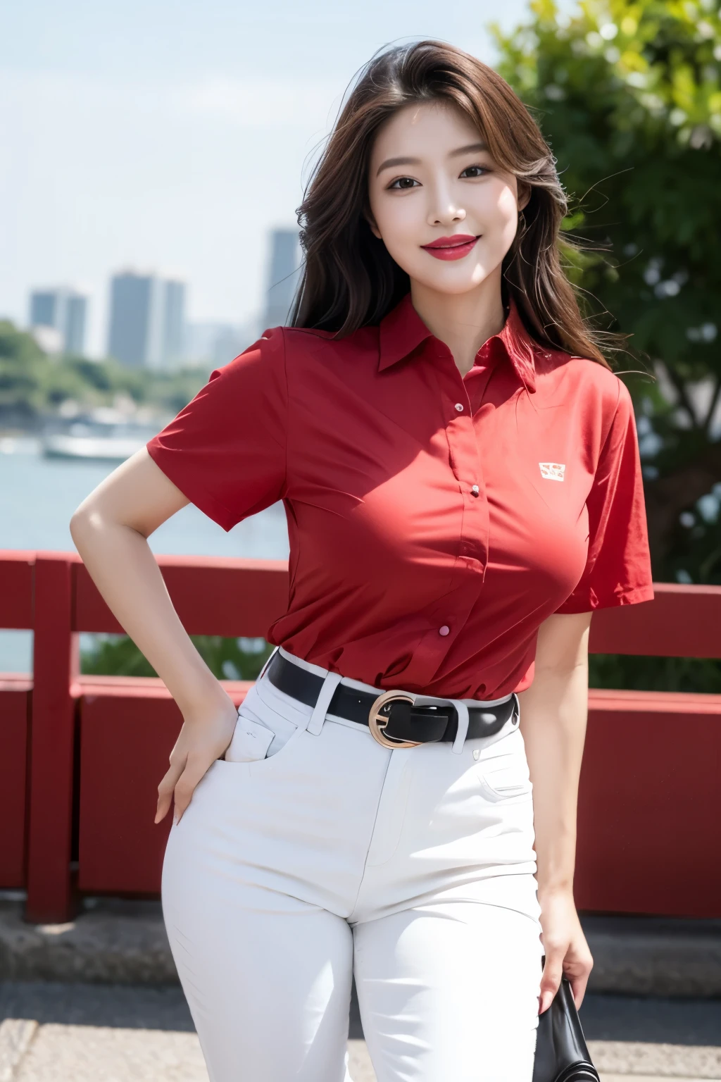 Draw lips correctly, red lipstick, from chest up, best quality, Super detailed, lifelike, Super fine skin, perfect anatomy, (1 日本Mature的女人), (alone),Wear a red shirt,short sleeves,white jeans、trousers,black belt,wavy long hair,37-year-old female,Mature,charming smile,outdoor background,stand,Leg length,Chubby,Big breasts,stand up,full-body shot