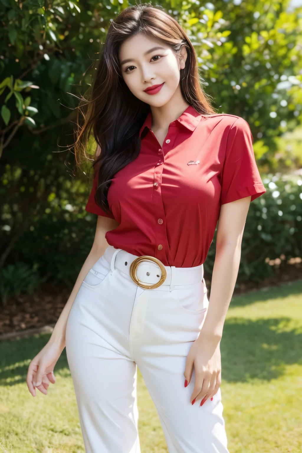 Draw lips correctly, red lipstick, from chest up, best quality, Super detailed, lifelike, Super fine skin, perfect anatomy, (1 日本Mature的女人), (alone),Wear a red shirt,short sleeves,white jeans、trousers,black belt,wavy long hair,37-year-old female,Mature,charming smile,outdoor background,stand,Leg length,Chubby,Big breasts,stand up,full-body shot