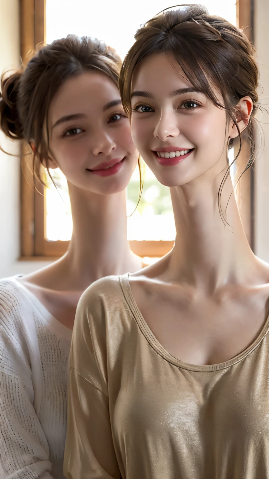 (ultra realistic, highly detailed:1.4), best quality, two girls, casual clothing, soft natural lighting, smiling, (longneck:1.4)