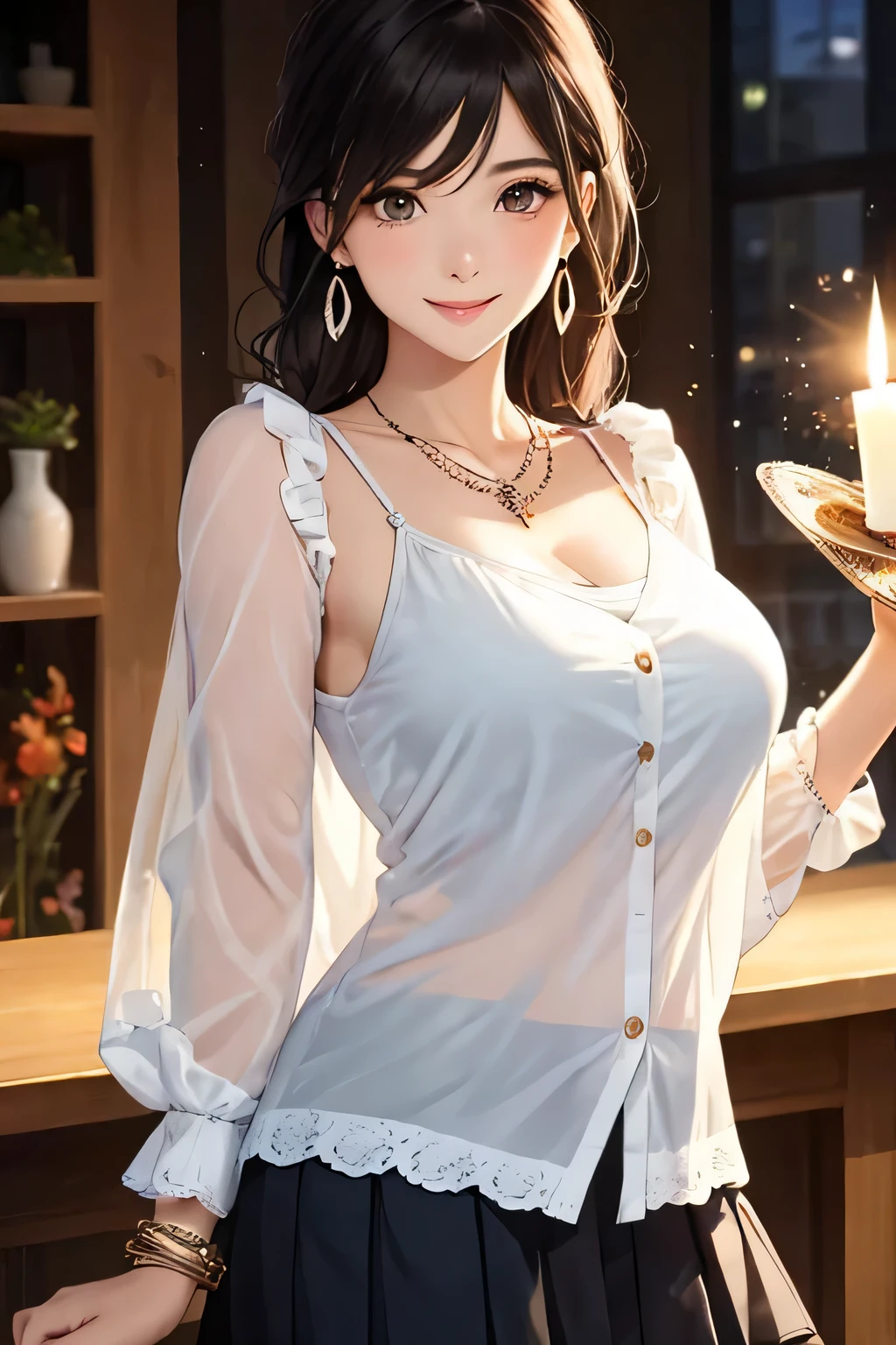 (highest quality、High resolution、detailed background、8K)、Beautiful and dense face、beautiful and smooth skin、skin texture、professional lighting、Beautiful girl in her 20s、two women、brown hair、braided ponytail、(huge breasts:1.3)、(realistic:1.2)、perfect body line、No bra、plump nipples、
Enjoy a romantic dinner by candlelight、sexy atmosphere、
Confidence and Charm、Express yourself with confidence、Charm、

Refreshing and feminine style for spring、
Sheer material is transparent and gives a light and feminine impression.、
If you want a sheer top to be the focal point, choose a simple camisole or tank top in a similar color as an inner layer.、
If you want to enjoy sheerness, pair it with an inner layer with lace or embroidery details for a subtle accent.、
For spring, choose sheer tops in pastel or bright colors to bring out the seasonal feel.、
Choose a design with a high neck or ruffles for a more feminine look.、
Pair it with a pleated skirt for an elegant and dynamic look.、
On chilly spring days, it&#39;s a good idea to wear a cardigan or a light jacket.、
We also recommend layering with a shirt or blouse made of sheer material as an outer layer.、
Add a simple necklace or earrings for a sophisticated look.、
Choosing accessories in metallic colors will give you a trendy look and add to the spring feel.、
Wear nude sandals for a light look on your feet.、

looking at me with a very happy expression、Have a slight blush、smiling、sexual expression、cute