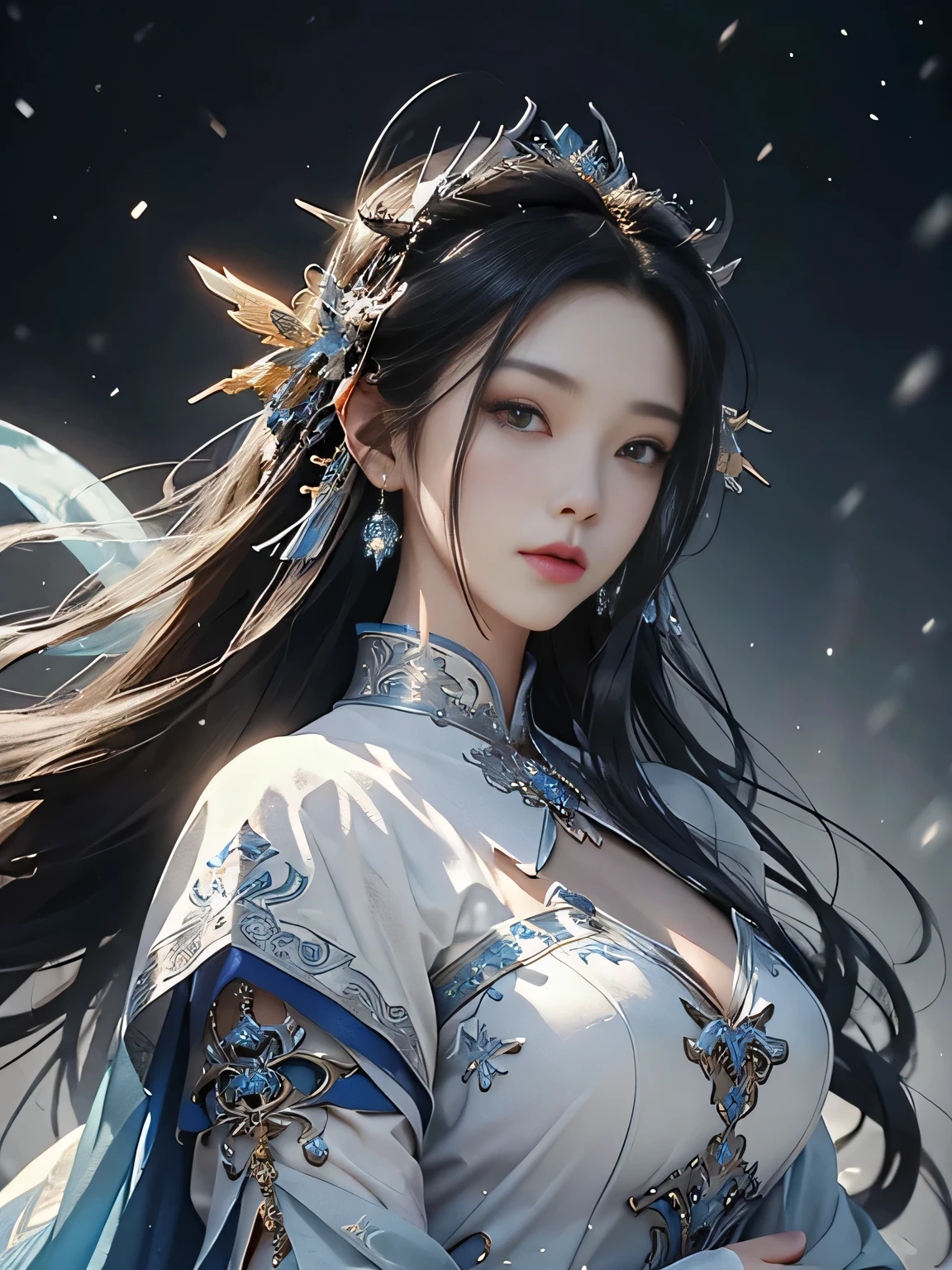 Close-up of a woman with straight black hair in a silver-blue sexy dress, Cheng Weipan Art Station, Xiuxian Technology Sense, Ice and Snow Beauty, Gauze Sleeves, Detailed Fantasy Art, Stunning Character Art, Epic Exquisite Character Art, Beautiful Complex Armor, Machinery, Extremely Detailed Art Budding, Detailed Digital Animation Art, Artgerm on Art Station Pixiv, Armor Girl, Heavy and Exquisite Complicated Headdresses and Jewelry, Noble High-Tech Sense, True God Sense of Déjà Vu,white long hair, sexy armor,see thought outfit add, full body shot, china fantasy godness