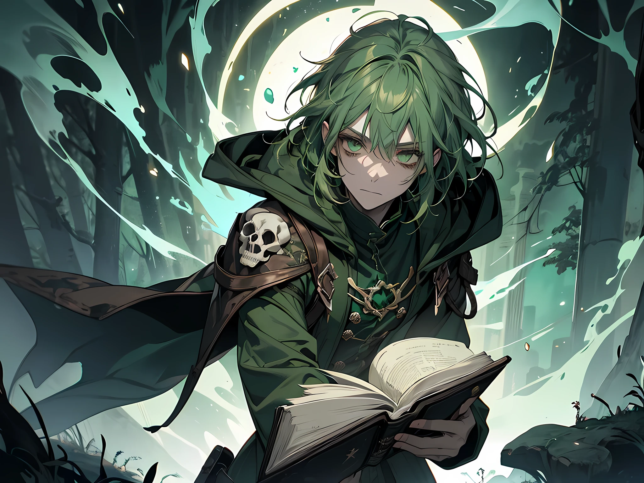 1fantasy, male, solo, (full body:0.6), looking up, detailed background, detailed face, green hair, green eyes, (BoneyardAI, bone theme:1.1) poison-sorcerer, hooded mage clothes, dynamic pose, glowing eyes, bright green color scheme, green clothes, green spell, pale complexion, drops of bubbling poison, spellbook, glowing poisonous tattoos, skull and bones symbol, floating particles, surrounded by eerie corrosive aura, withered vegetation in background, fantasy atmosphere,
