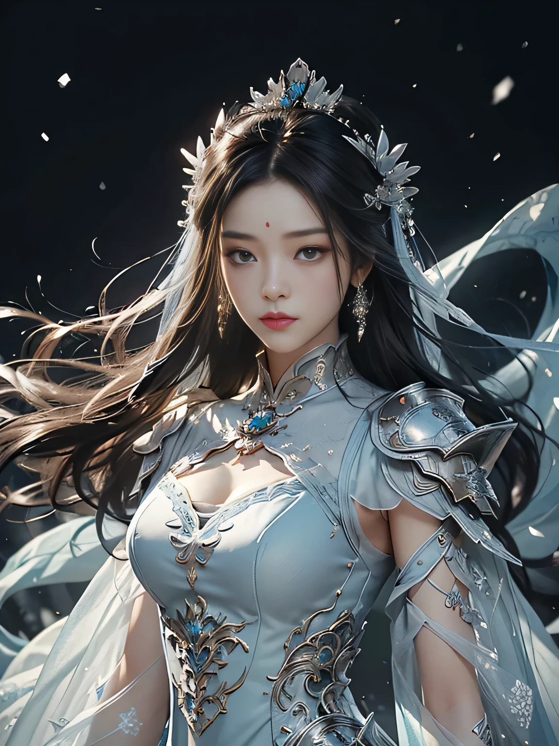 Photograph of a woman with straight black hair in a silver-blue sexy dress, Cheng Weipan Art Station, Xiuxian Technology Sense, Ice and Snow Beauty, Gauze Sleeves, Detailed Fantasy Art, Stunning Character Art, Epic Exquisite Character Art, Beautiful Complex Armor, Machinery, Extremely Detailed Art Budding, Detailed Digital Animation Art, Artgerm on Art Station Pixiv, Armor Girl, Heavy and Exquisite Complicated Headdresses and Jewelry, Noble High-Tech Sense, True God Sense of Déjà Vu,white long hair, sexy armor,see thought outfit add, ((3/4 body shot)), china fantasy godness