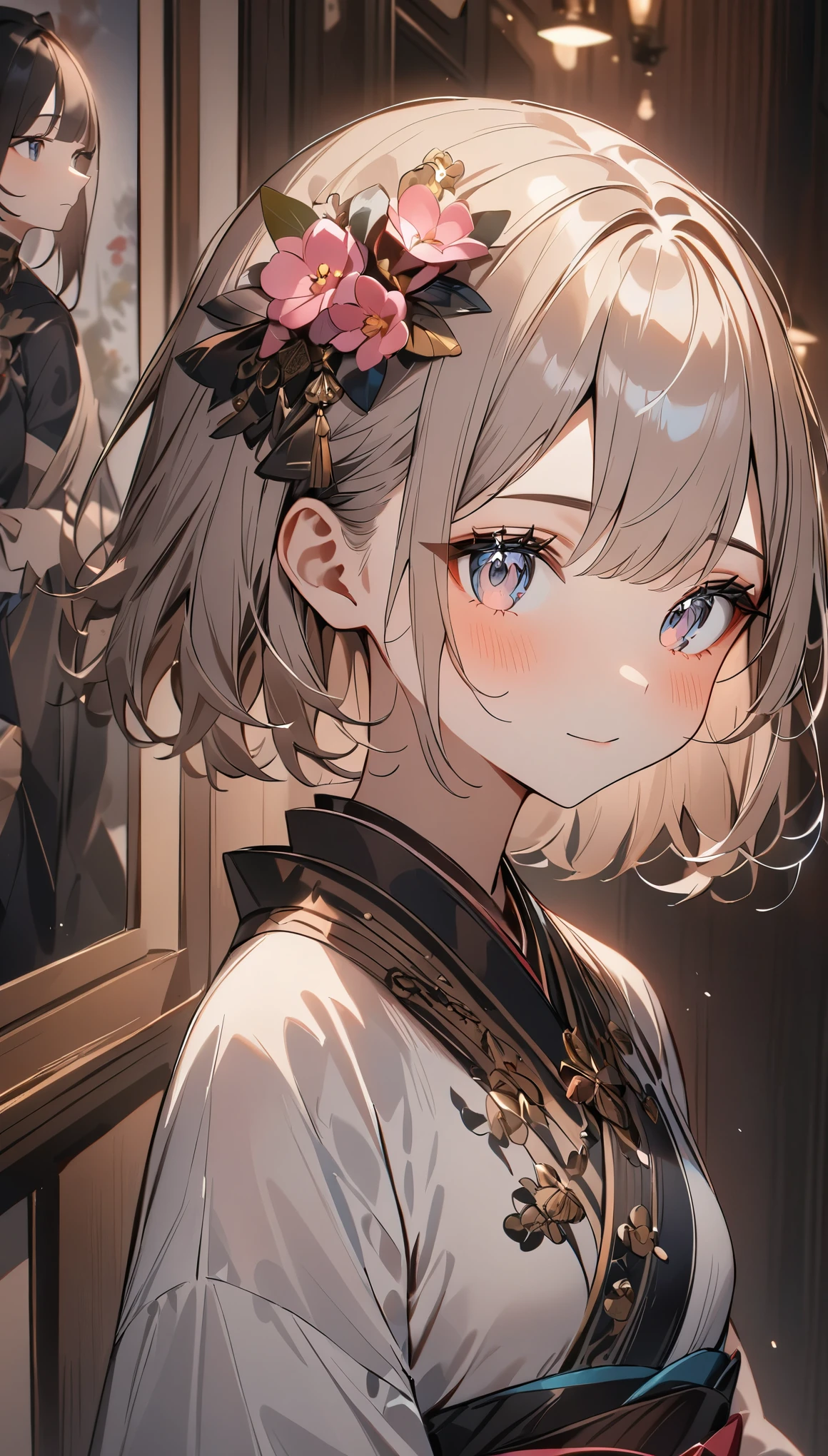 A wall with pictures of flowers on a white wall、Wall with artistically painted pink flowers、one girl、adorable girl、cute face、ash gray haine eyes、silence、zazen、small breasts、costumes with intricate decorations、highest quality、best image quality、masterpiece:1.3、portrait、8K、perfect lighting、professional photographer、