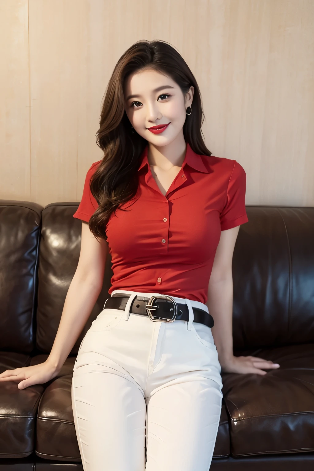 Draw lips correctly, red lipstick, from chest up, best quality, Super detailed, lifelike, Super fine skin, perfect anatomy, (1 日本Mature的女人), (alone)，Wear a red shirt，short sleeves，white jeans、trousers，black belt，wavy long hair，37-year-old female，Mature，charming smile，Large living room background：sofa、flower，stand，Leg length，Chubby，Big breasts，stand up，full-body shot