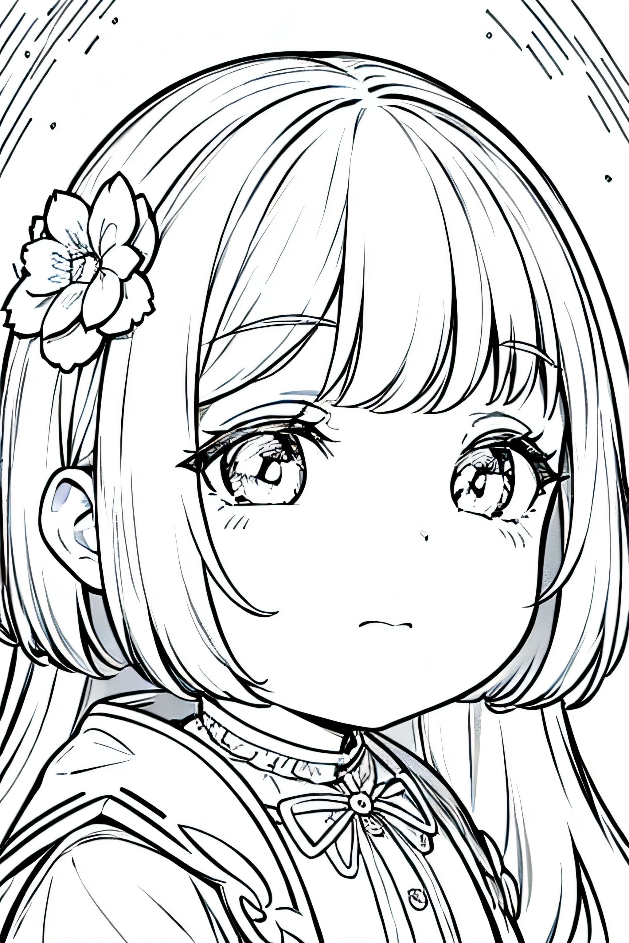 Detail face, ((Perfect details)), Cold light, ((Data in eyes)), ((Data embellishment hair)), Line drawing, Monochrome, Line drawing cute baby, white hair, flower line drawing background