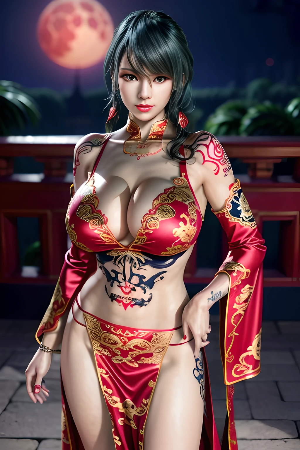 1 girl,standing posture,Dancing sleeves,nighttime,RED moon,(( ancient Hanfu)),gem tassel,( huge breasts),cleavage,shiny skin, red lips,( tattoos:1.3), masterpiece, best quality, realistic ,Rich artistic colors, 8K,Portrait art,solo, tamaki