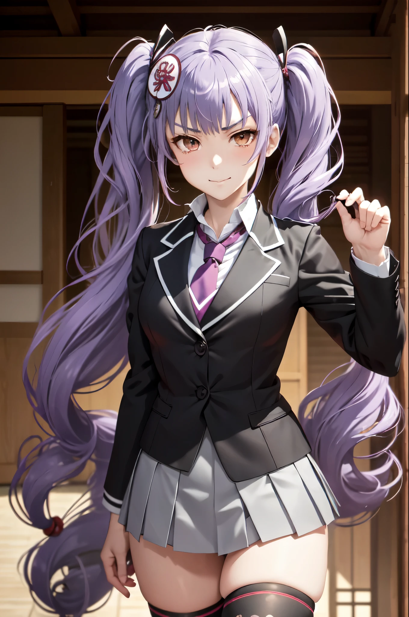 masterpiece, best quality, naoe kanetsugu, twintails, hair ornament, purple hair, collared shirt, waist rope, black miniskirt, red necktie, black thighhighs, upper body, looking at viewer, smirk, furrowed brow, closed mouth, japanese architecture, city, ass