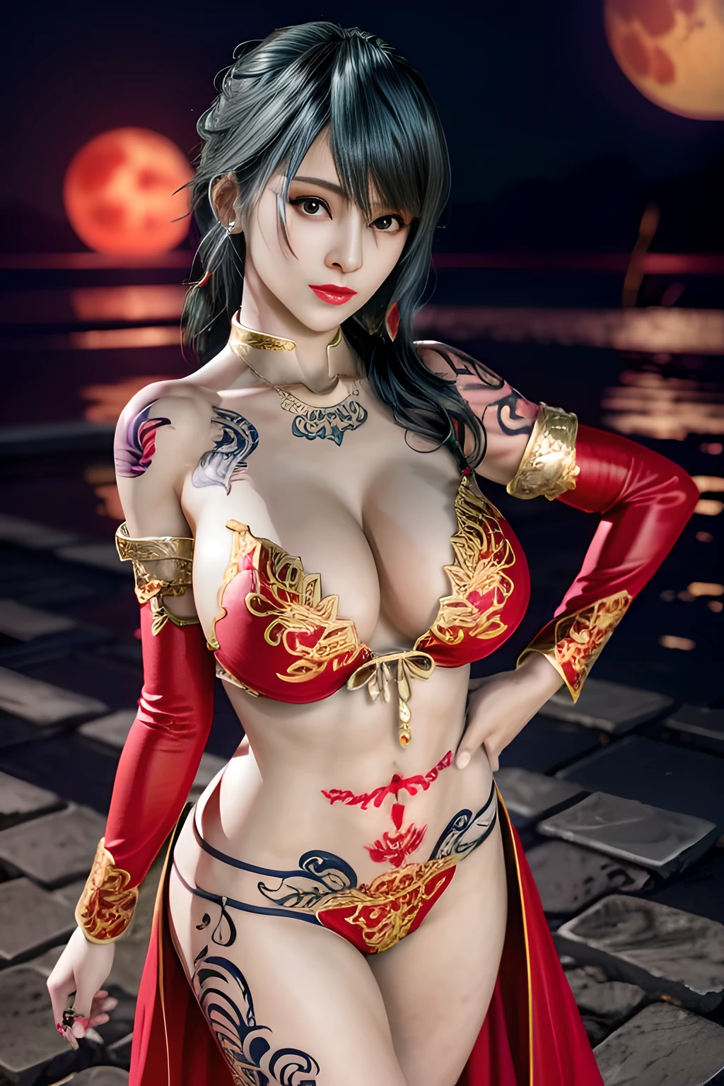 1 girl,standing posture,Dancing sleeves,nighttime,RED moon,(( ancient Hanfu)),gem tassel,( huge breasts),cleavage,shiny skin, red lips,( tattoos:1.3), masterpiece, best quality, realistic ,Rich artistic colors, 8K,Portrait art,solo, tamaki