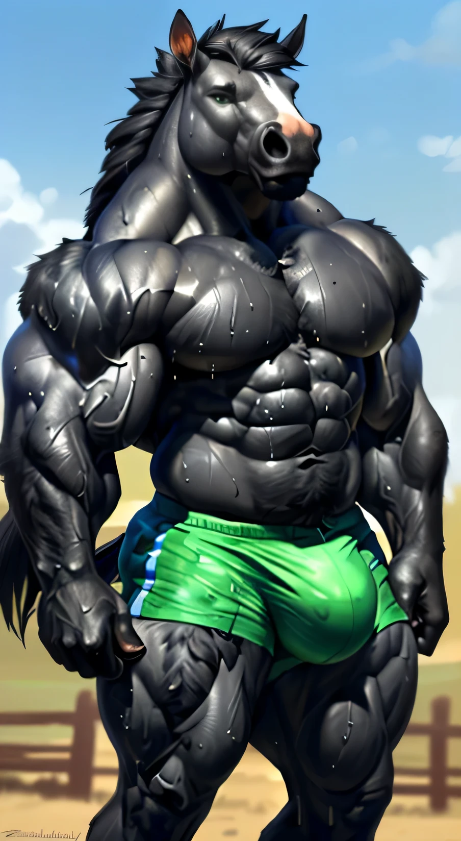 Front view, full height, anthro (horse), male, equine, (broad shoulders:1.7), (wide torso:1.2), (thick forearms:1.7, big forearms, huge heavy hands), (thick:1.3) equine hooves, (thick calves:1:3, brutal, ((huge bulge)), (huge upper body, very muscular, bodybuilder build, ripped, manly, beefy:1.5), abs, bare torso, ((shorts)), huge:1 hooves, correct anatomy, horse tail, (grey fur, short black mane, detailed fur:1.4), smiling, (high quality ultradetailed:1 green eyes), (rough:1, tough, masculine:1, cruel, cocky):1, old man, (flexing both arms):1, sweaty:2.4, (wet fur):1, wet:1.8, sweat:1.6, drenched with sweat, sweatbuds:1.6, sweat:2 dripplets, farm background, ultradetailed, (masterpiece:1.2), epic, natural lighting, (by koreanhusky, by Soonsky:1, by Taran Fiddler)