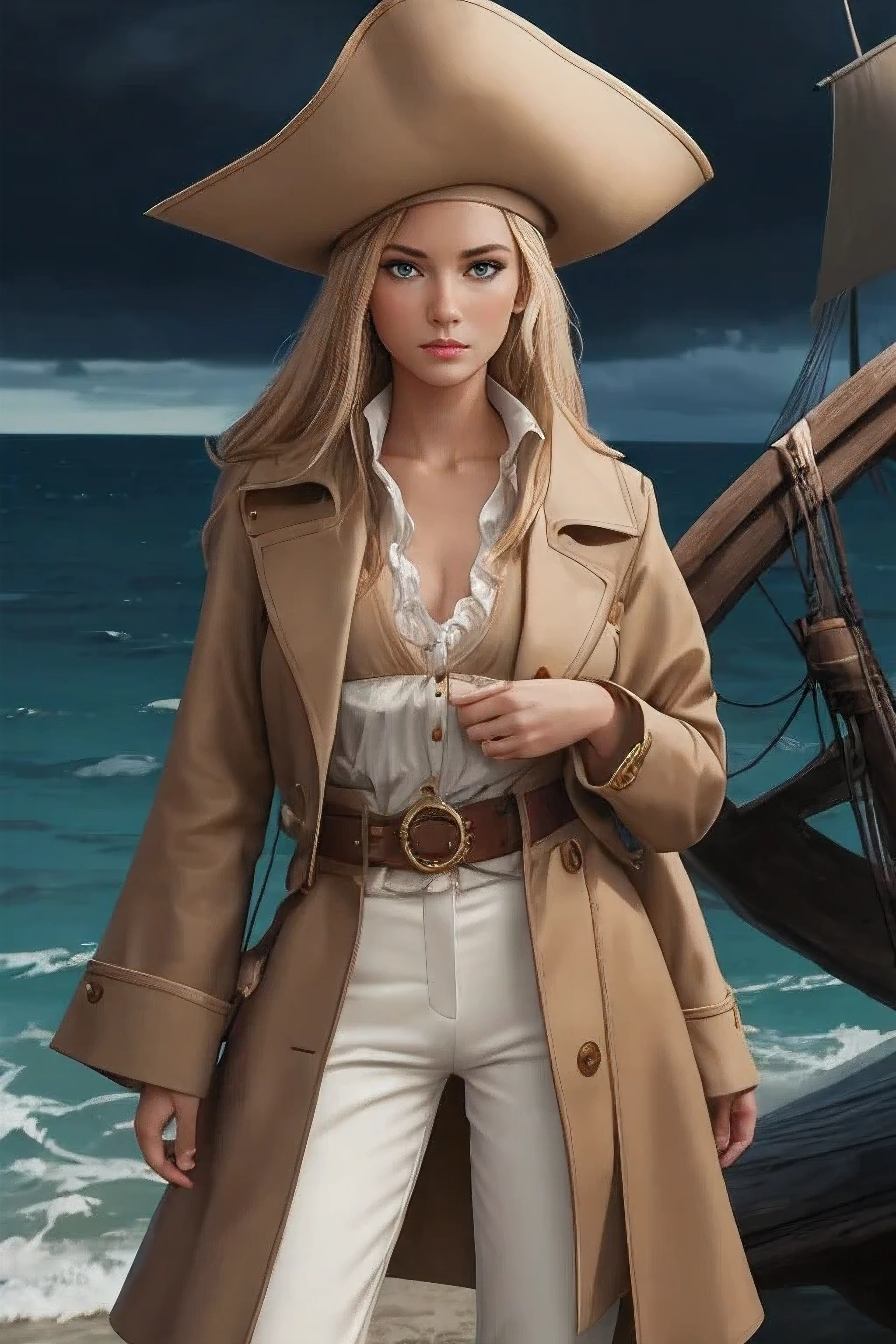 The pirate is standing in a simple pose, with a confident and relaxed posture. One hand rests on her hip while the other gently hangs by her side. Her face displays a serene yet determined expression, with her piercing blue eyes shining with fierce determination. She wears a beige leather coat with golden details, a white blouse underneath, and matching beige pants. Her beige tricorn hat completes the ensemble, adding a touch of adventure and elegance. The beige and gold tones in her attire accentuate her natural beauty and leadership aura, making her appear as a true queen of the seas.