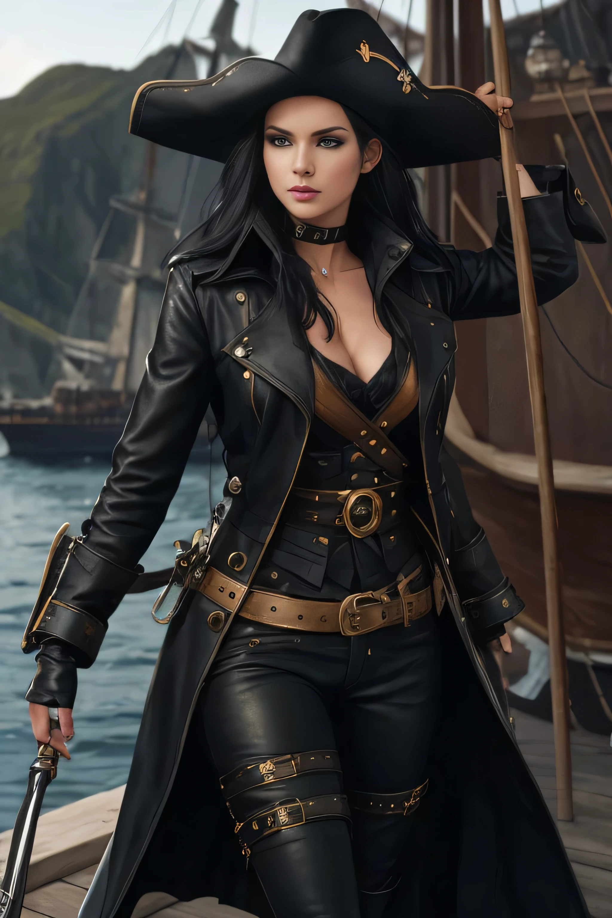 The pirate is a young and stunning woman with black hair and piercing blue eyes. She wears a black leather coat with golden details, a white blouse underneath, dark pants, leather boots, and a classic tricorn hat atop her head. The hat, made of worn black leather with gold trimmings along the edges, adds an air of authority and adventure to her ensemble, completing her look as a fearless captain of the seas.