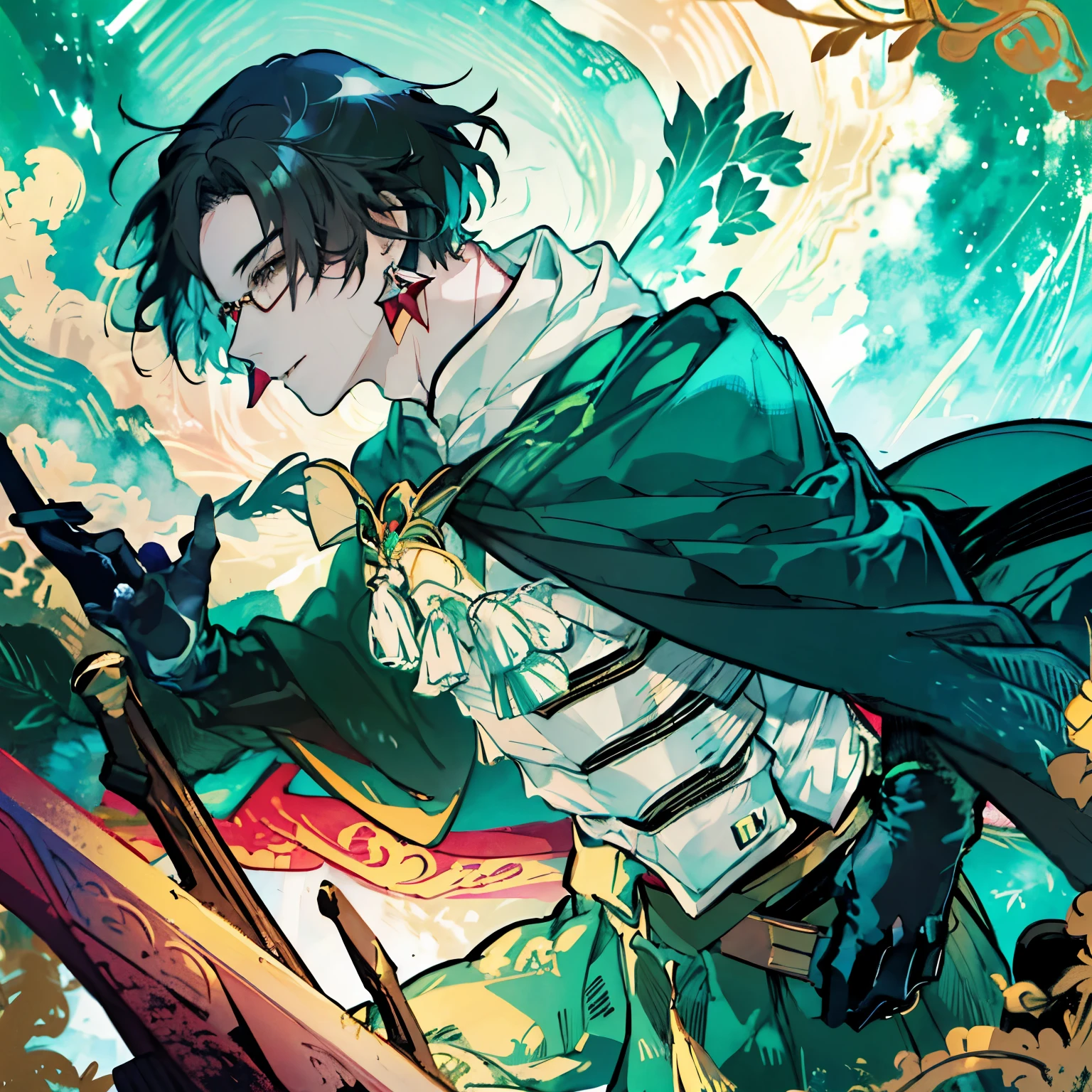 Man with glasses、man in his 30s、Looking up from diagonally down、dark background、green and yellow pastel coloragic effect、wizard、detailed、watercolor painting、red earrings、Ruins covered with ivy、