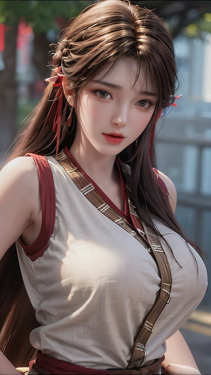 （超HD、retina、masterpiece、precise、anatomically correct、textured skin、Super details、high detail、high quality、best quality、high resolution、1080P、HD、4K、8k、16k）、（beautiful_detailed_eyes、beautiful_detailed_lips、extreme_detailed_eyes_and_face）、soft_lighting、physical-based_rendering、vivid_colors、huge tits、very huge ，(shiny_hair、shiny_skin、tanned_skin、blush)、(bangs:1.5)、eye_reflection、(bokeh)、smile_and_laugh、(sleeveless_business_shirt:1.5)、start from below，facing the camera，black hair，brown eyes，Red head rope，whole body