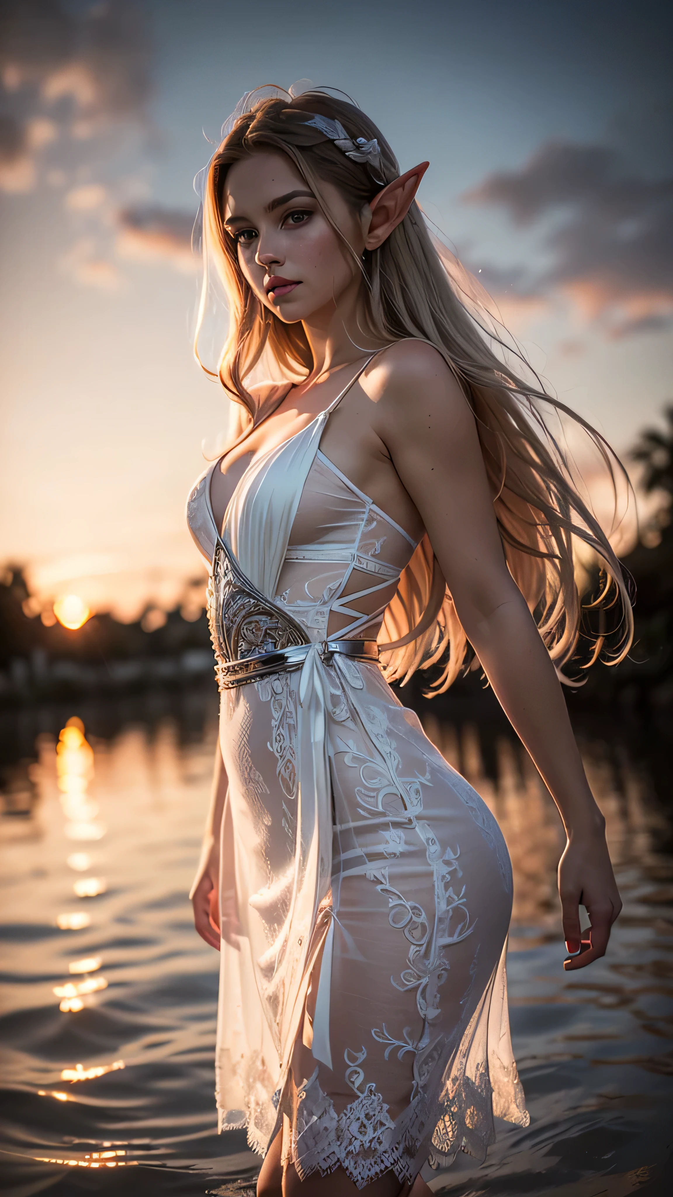 (masterpiece), best quality:1.5, (extremely intricate:1.3), (realistic), girl, (((white gold silk ribbons, lace dress, solo elf woman 30years old))), outdoors standing in a lagoon, intense sunlight, far away castle, professional photograph of a stunning woman detailed, (long curly blonde hair, dynamic pose), sharp focus, dramatic, award winning, cinematic lighting, volumetrics dtx, (film grain, blurry background, blurry foreground, bokeh, depth of field, sunset, interaction, ([flat chest:medium breasts:0.8])), 8K