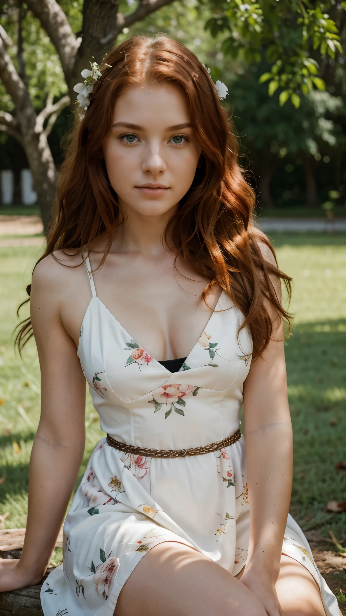 photograph, natural lighting, a beautiful woman around 20 years old with wavy red hair and green eyes, wearing a white floral dress, sitting under a tree, sharp focus, 8k, hdr, masterpiece, highest quality,