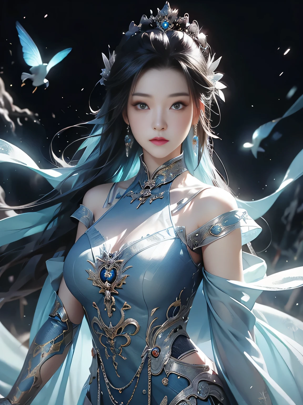 Fullbody woman with straight black hair in a silver-blue sexy dress, Cheng Weipan Art Station, Xiuxian Technology Sense, Ice and Snow Beauty, Gauze Sleeves, Detailed Fantasy Art, Stunning Character Art, Epic Exquisite Character Art, Beautiful Complex Armor, Machinery, Artgerm on Art Station Pixiv, Armor Girl, Noble High-Tech Sense, True God Sense of Déjà Vu, white long hair, sexy armor, (3/4 body shot), china fantasy godness