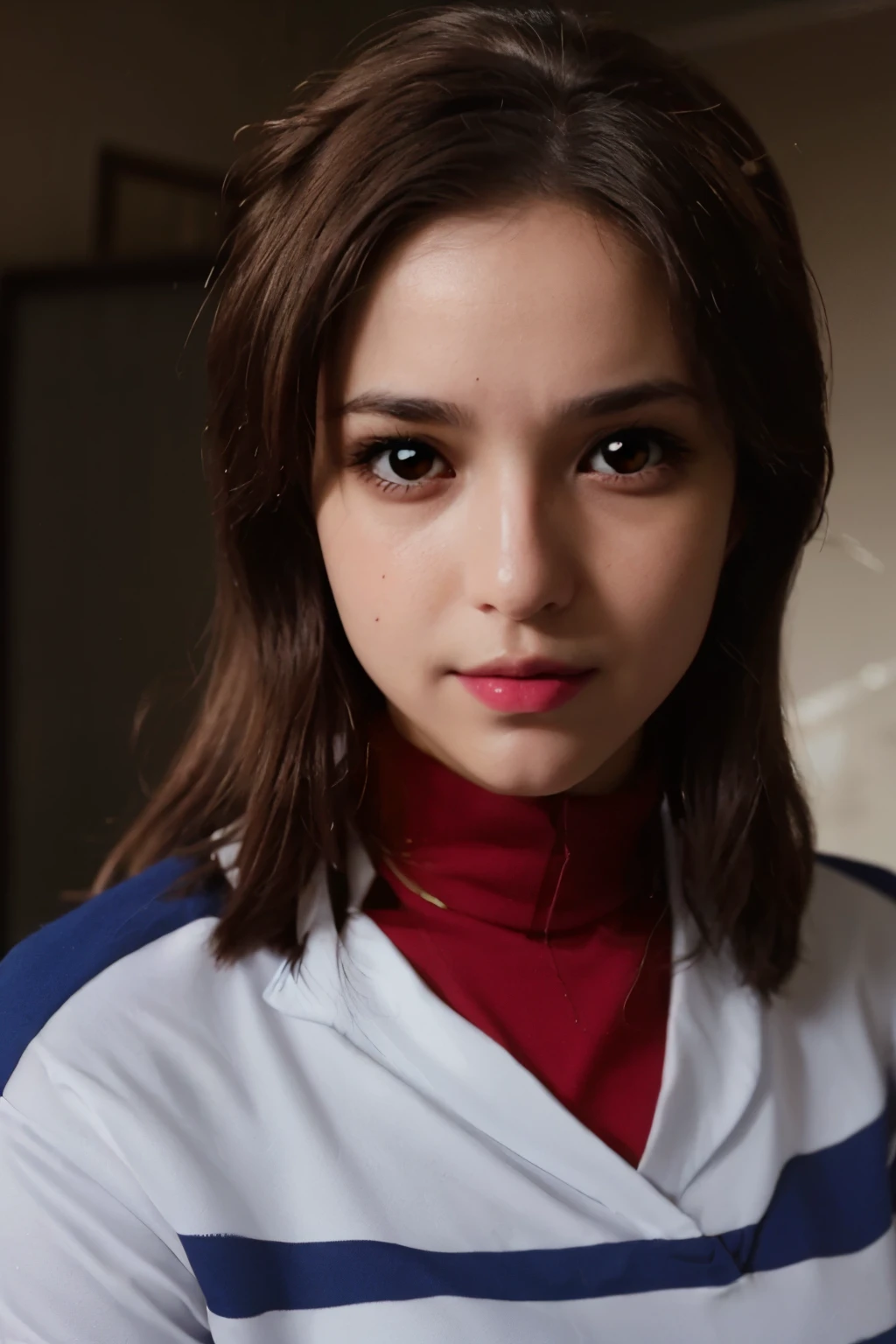 hyper realistic photograph, detailed face, beautiful 21 year old character_pokemon_may, ((short hair)), ((wearing red bandana, red jacket, white skirt, yellow belt)), breasts, teeth, smile, science laboratory interior:: film grain, Kodak portra 800, f1.8, --ar 2:3 --beta --upbeta, cute, flirty, (r/fitgirls), <lora:May:0.9>