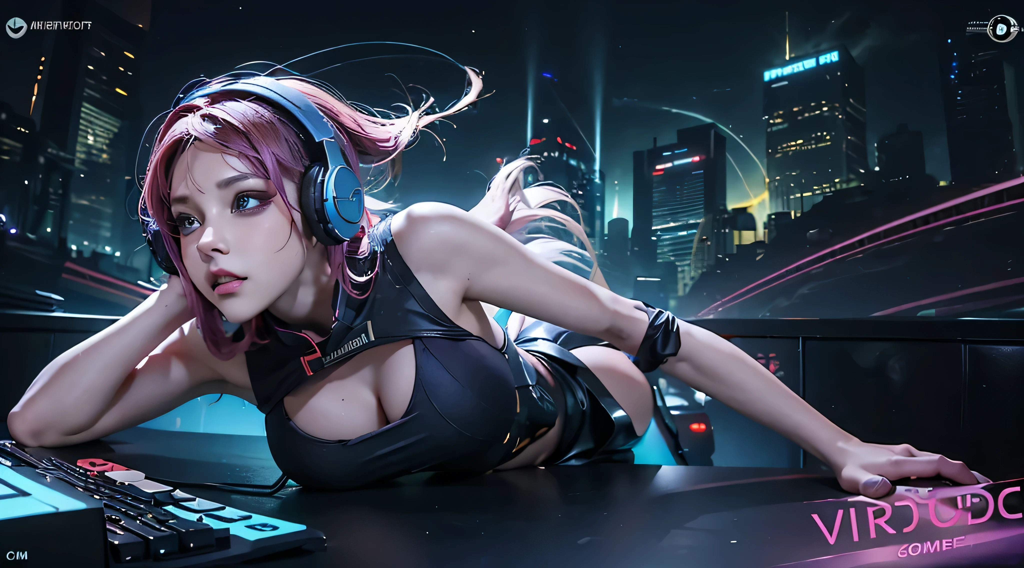 (best quality,4k,highres),ultra-detailed,physically-based rendering,(vivid colors:1.1),(playful expression:1.1),beautiful detailed eyes,beautiful detailed lips,cosplay costume,(dynamic pose:1.1),(dedication to gaming:1.1),energetic and action-packed atmosphere,(immersed in virtual world:1.1),(anime-style artwork:1.1),glowing digital effects,electric blue accents,brightly lit studio with soft lighting,artistic interpretation of video game elements,creative composition,cartoonish style,scenery with video game elements,headphones,console controller,keyboard,attractive background,sexy outfit。