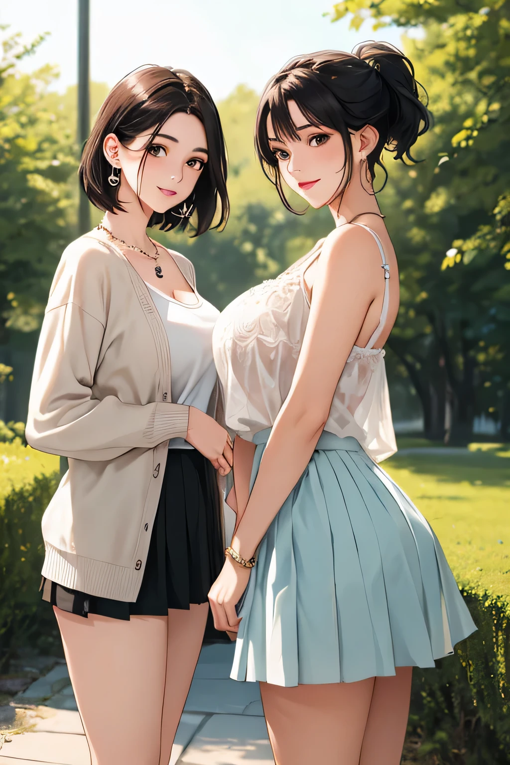 (highest quality、High resolution、detailed background、8K)、Beautiful and dense face、beautiful and smooth skin、skin texture、professional lighting、Beautiful girl in her 20s、(two women:1.5)、brown hair、bob cut、braided ponytail、Glasses、(huge breasts:1.3)、(realistic:1.2)、perfect body line、No bra、plump nipples、warm sunshine、Outdoor Parks、
sexy atmosphere、Confidence and Charm、Express yourself with confidence、Charm、
Refreshing and feminine style for spring、
Sheer material is transparent and gives a light and feminine impression.、
If you want a sheer top to be the focal point, choose a simple camisole or tank top in a similar color as an inner layer.、
If you want to enjoy sheerness, pair it with an inner layer with lace or embroidery details for a subtle accent.、
For spring, choose sheer tops in pastel or bright colors to bring out the seasonal feel.、
Choose a design with a high neck or ruffles for a more feminine look.、
(Pair it with a pleated skirt with many folds for an elegant and dynamic look.:1.3)、
On chilly spring days, it&#39;s a good idea to wear a cardigan or a light jacket.、
We also recommend layering with a shirt or blouse made of sheer material as an outer layer.、
Add a simple necklace or earrings for a sophisticated look.、
Choosing accessories in metallic colors will give you a trendy look and add to the spring feel.、
Wear nude sandals for a light look on your feet.、
looking at me with a very happy expression、Have a slight blush、smiling、sexual expression、cute