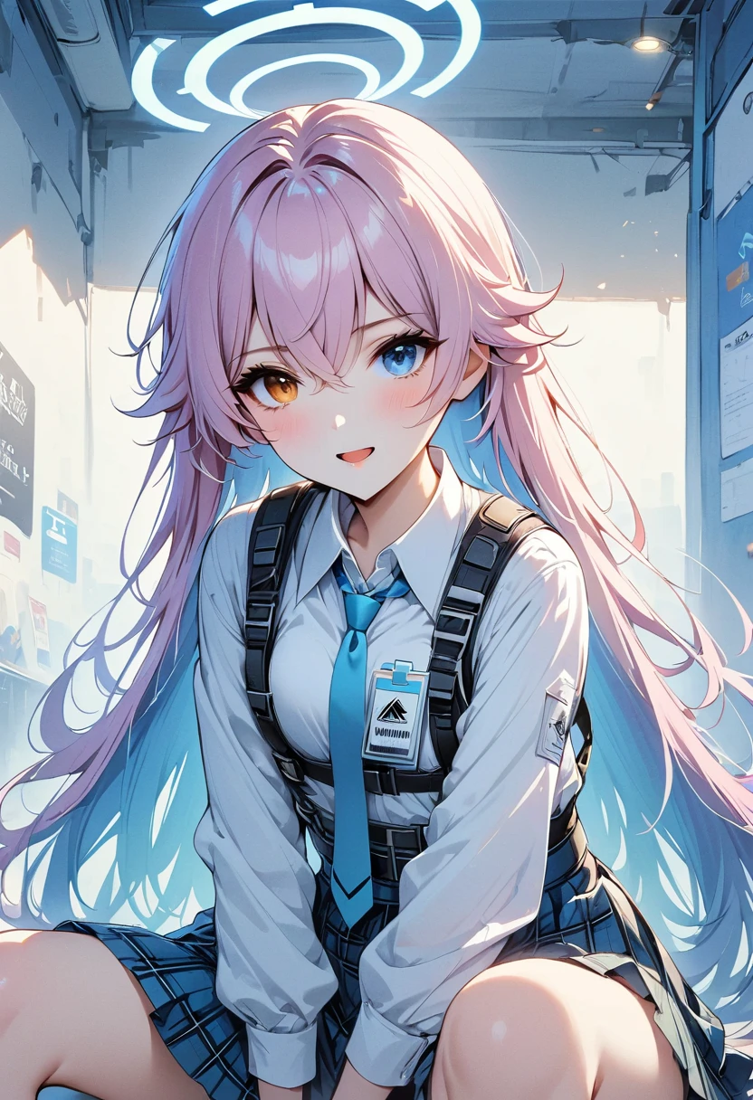 1 girl, Hoshino (blue file), alone, heterochromia, pink hair, skirt, long hair, tie, ahog, shirt, halo, Plaid skirt, blue eyes, Plaid,  looking at the audience, white shirt, sitting, orange eyes, chest harness, harness, long sleeve, ID card, open mouth, very long hair, collared shirt, Smile, blue tie, Bangs, feet beyond frame, Between the legs, hand Between the legs, blush, hair between eyes, high resolution,masterpiece, best quality
