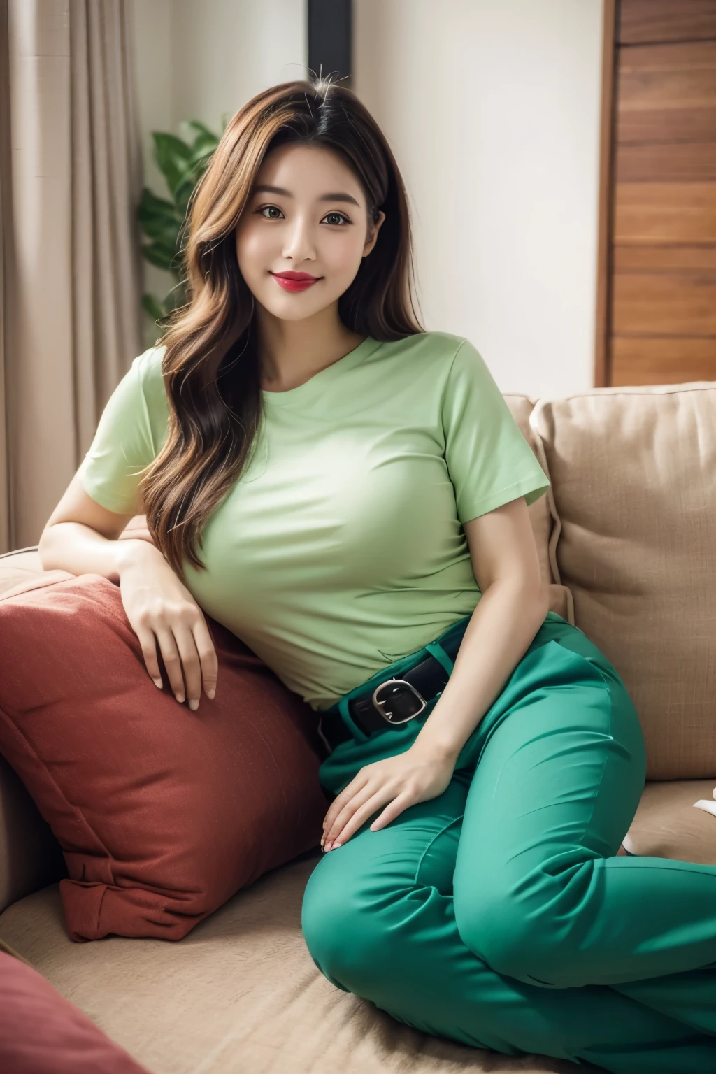 Draw lips correctly, red lipstick, from chest up, best quality, Super detailed, lifelike, Super fine skin, perfect ???????, (1 日本Mature的女人), (alone)，Wear a green shirt，short sleeves，white jeans、trousers，black belt，wavy long hair，37-year-old female，Mature，charming smile，Large living room background：sofa、flower，stand，Leg length，Chubby，Big breasts，stand up，full-body shot
