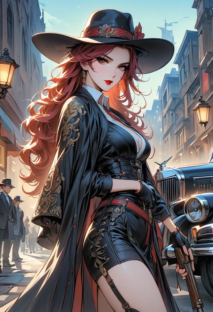 masterpiece, pale skin, red lips, light eyes, eye shadow, Frontal shot of a beautiful red-haired woman with medium curly hair standing on the street，Holding Thompson drum M1928A1 in hand, Behind her is a 1928 Cadillac Town Sedan，Green on the left, She&#39;s wearing a red and black mafia suit, Mafia style skirt and jacket draped over shoulders, She is also wearing a hat, Garter braces and high heels, Very detailed的身体, Detailed cars and clothes, chiaroscuro, Natural light, Very detailed, She and the car focus on images