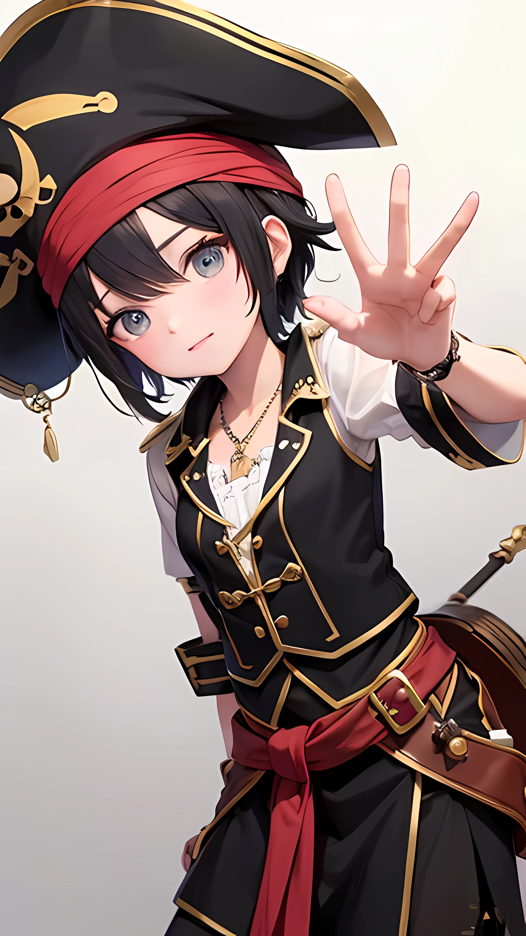 pirate,outfit with pirate theme,pirate hat,white wall,short black hair