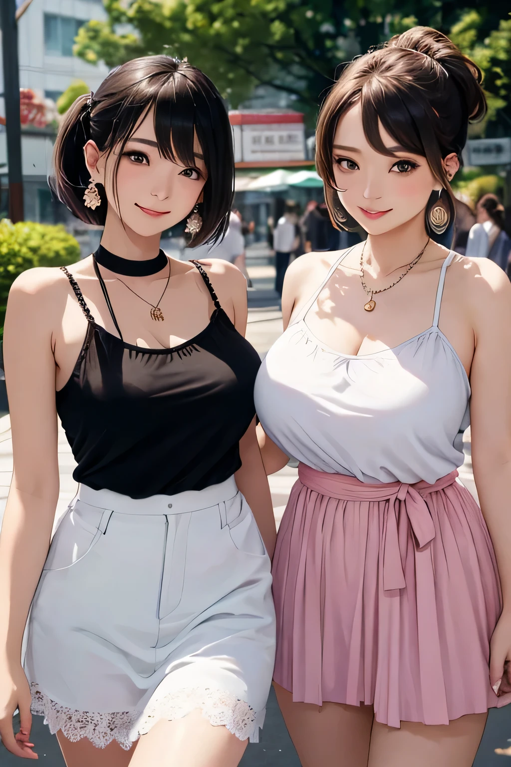 (highest quality、High resolution、detailed background、8K)、Beautiful and dense face、beautiful and smooth skin、skin texture、professional lighting、Beautiful girl in her 20s、(two women:1.5)、brown hair、bob cut、braided ponytail、Glasses、(huge breasts:1.3)、(realistic:1.4)、perfect body line、No bra、plump nipples、warm sunshine、Amusement park date、
sexy atmosphere、Confidence and Charm、Express yourself with confidence、Charm、
Refreshing and feminine style for spring、
Sheer material is transparent and gives a light and feminine impression.、
If you want a sheer top to be the focal point, choose a simple camisole or tank top in a similar color as an inner layer.、
If you want to enjoy sheerness, pair it with an inner layer with lace or embroidery details for a subtle accent.、
For spring, choose sheer tops in pastel or bright colors to bring out the seasonal feel.、
Choose a design with a high neck or ruffles for a more feminine look.、
We also recommend layering with a shirt or blouse made of sheer material as an outer layer.、
Add a simple necklace or earrings for a sophisticated look.、
Choosing accessories in metallic colors will give you a trendy look and add to the spring feel.、
Wear nude sandals for a light look on your feet.、
looking at me with a very happy expression、Have a slight blush、smiling、sexual expression、cute