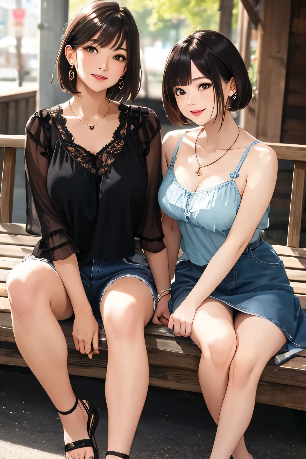 (highest quality、High resolution、detailed background、8K)、Beautiful and dense face、beautiful and smooth skin、skin texture、professional lighting、Beautiful girl in her 20s、(two women:1.5)、brown hair、bob cut、braided ponytail、Glasses、(huge breasts:1.3)、(realistic:1.4)、perfect body line、No bra、plump nipples、warm sunshine、Amusement park date、
sexy atmosphere、Confidence and Charm、Express yourself with confidence、Charm、
Refreshing and feminine style for spring、
Sheer material is transparent and gives a light and feminine impression.、
If you want a sheer top to be the focal point, choose a simple camisole or tank top in a similar color as an inner layer.、
If you want to enjoy sheerness, pair it with an inner layer with lace or embroidery details for a subtle accent.、
For spring, choose sheer tops in pastel or bright colors to bring out the seasonal feel.、
Choose a design with a high neck or ruffles for a more feminine look.、
We also recommend layering with a shirt or blouse made of sheer material as an outer layer.、
Add a simple necklace or earrings for a sophisticated look.、
Choosing accessories in metallic colors will give you a trendy look and add to the spring feel.、
Wear nude sandals for a light look on your feet.、
looking at me with a very happy expression、Have a slight blush、smiling、sexual expression、cute