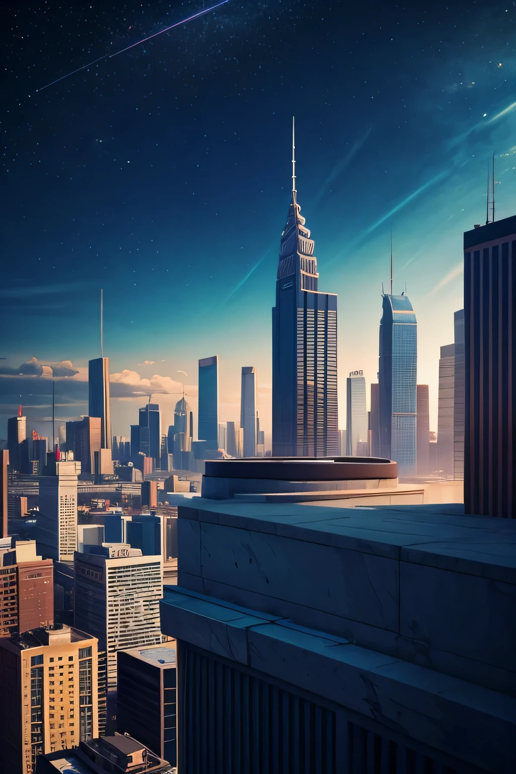 create a scene of a top of a building in a city full of buildings with a sky in the background with a space for me to place characters