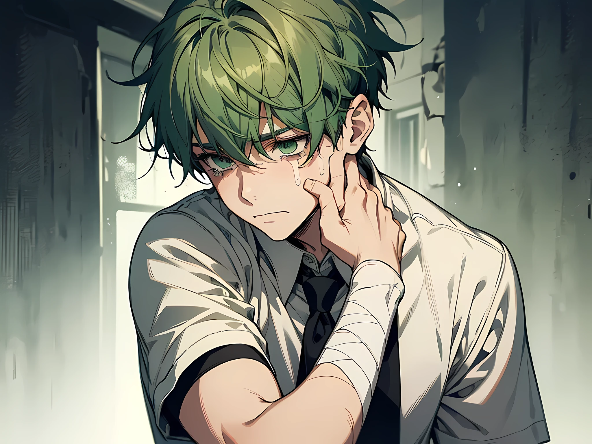 image of a boy with bandages on his face, he has wounds on face, green eyes, green hair, smooth hair, short hair, crying, wearing white school shirt, half body illustration, sad expression, loser, weakling